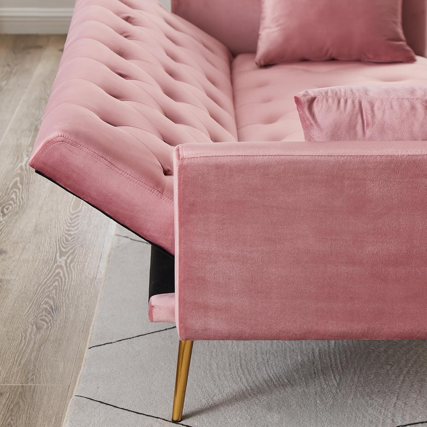72" Velvet Futon Sofa Bed,Convertible Folding Sleeper Couch Bed,Modern Tufted Recliner Loveseat with Golden Chrome Legs for Small Living Spaces,Bedroom Dorms Office (Pink+Pillows)