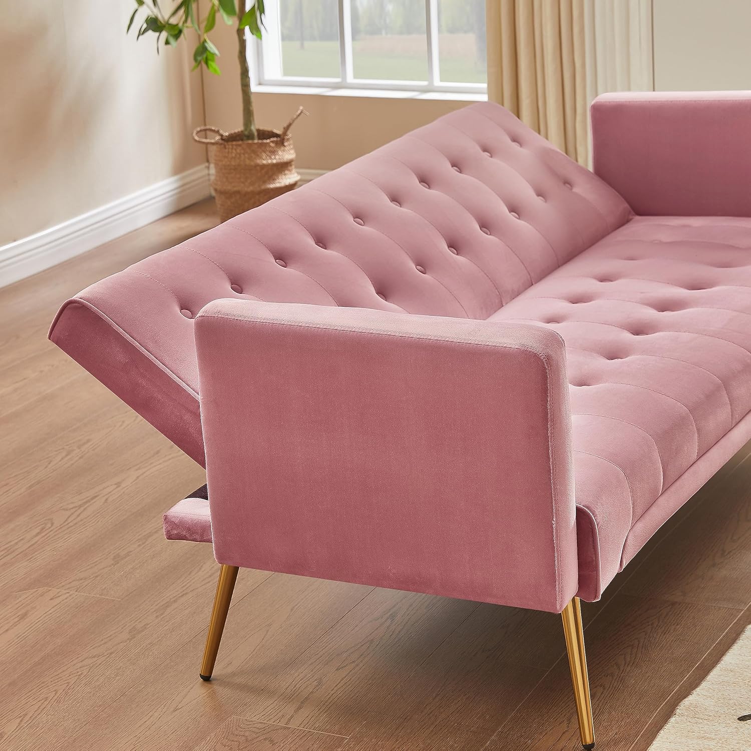 72" Velvet Futon Sofa Bed,Convertible Folding Sleeper Couch Bed,Modern Tufted Recliner Loveseat with Golden Chrome Legs for Small Living Spaces,Bedroom Dorms Office (Pink)