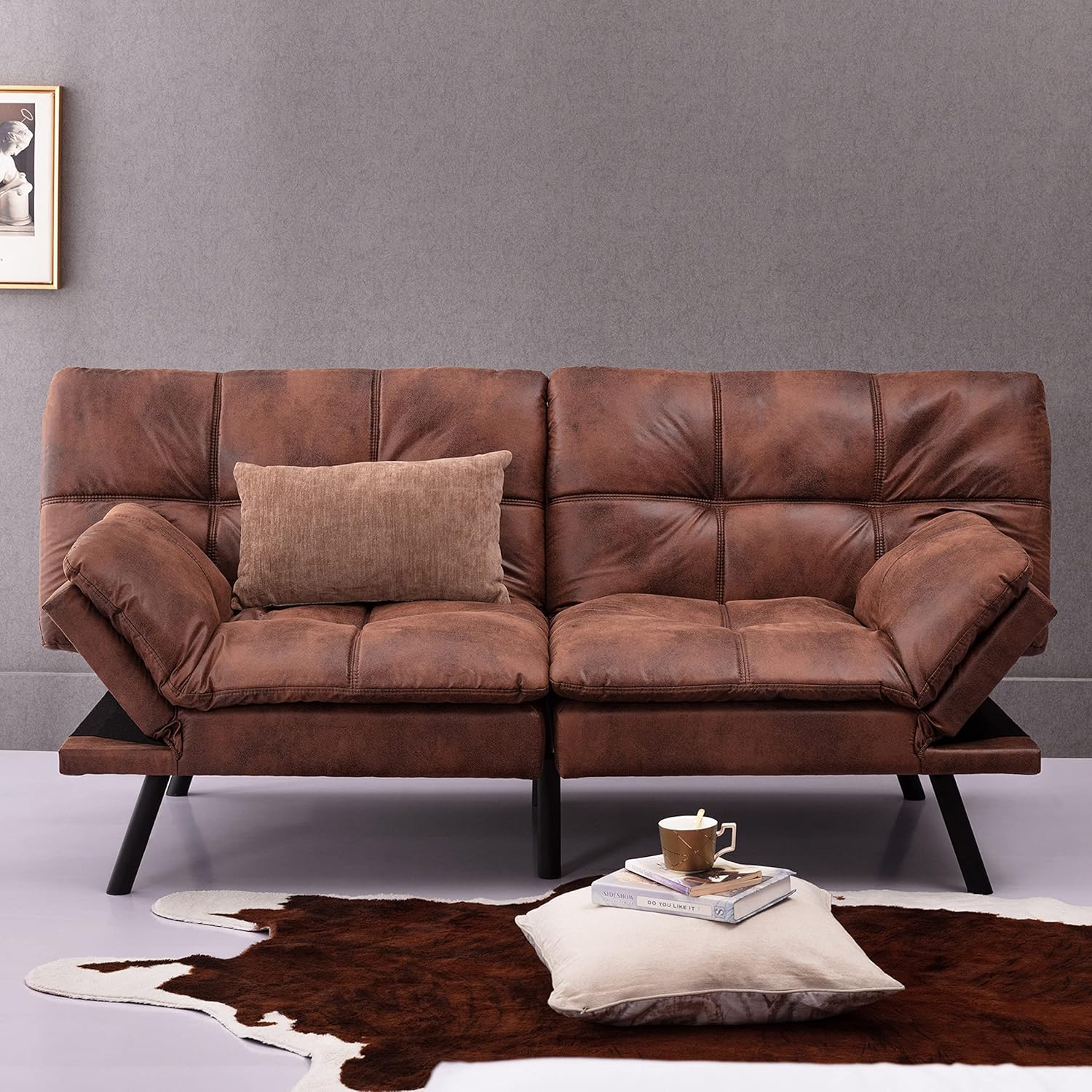 Modern Futon Sofa Bed, Convertible Memory Foam Futon Couch Bed, Folding Sleeper Sofa, Loveseat with Adjustable Armrests for Compact Living Spaces/Studio/Apartment/Dorm/Home/Office, Brown