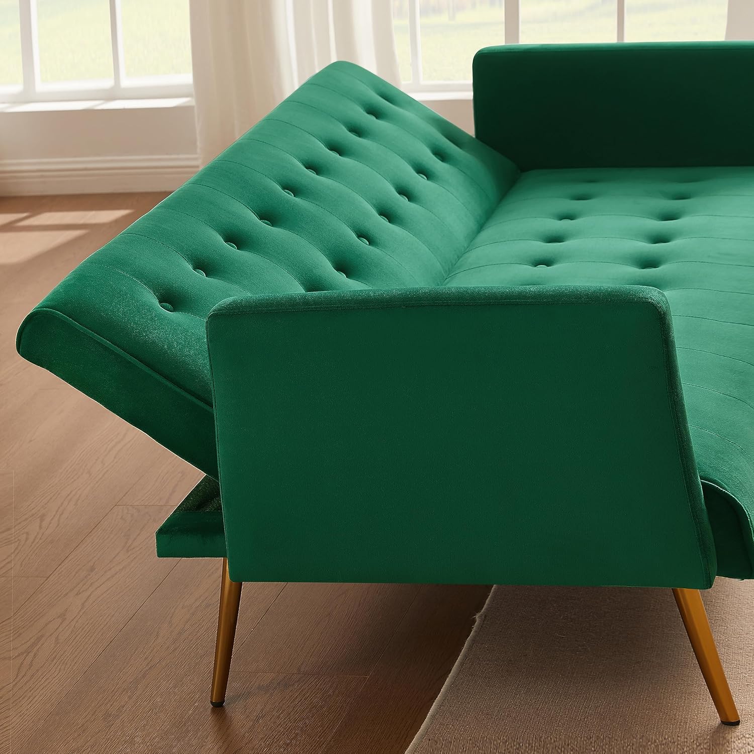 72" Velvet Futon Sofa Bed,Convertible Folding Sleeper Couch Bed,Modern Tufted Recliner Loveseat with Golden Chrome Legs for Small Living Spaces,Bedroom Dorms Office (Green)