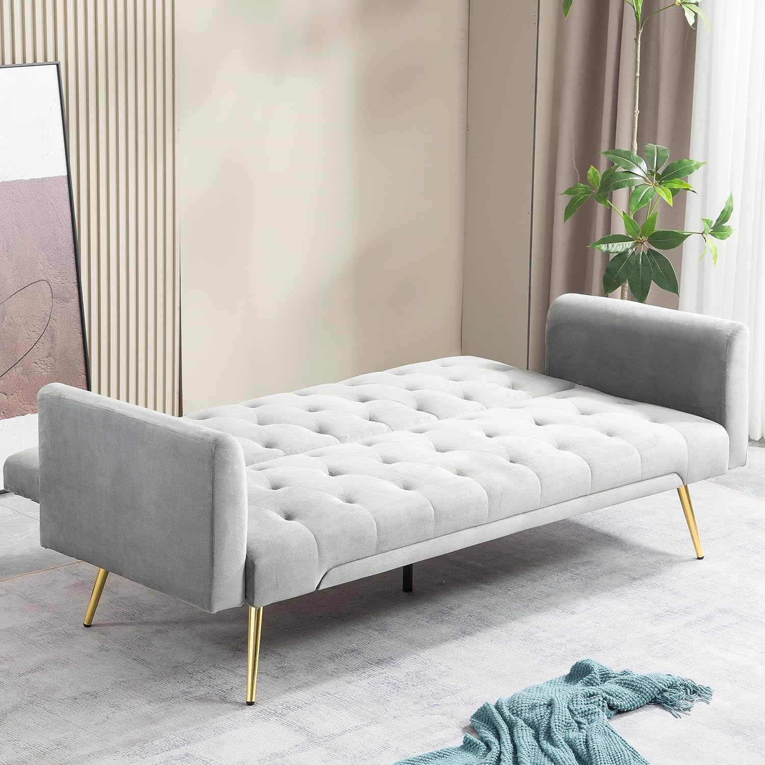 72" Velvet Futon Sofa Bed,Convertible Folding Sleeper Couch Bed,Modern Tufted Recliner Loveseat with Golden Chrome Legs for Small Living Spaces,Bedroom Dorms Office (Grey+Pillows)