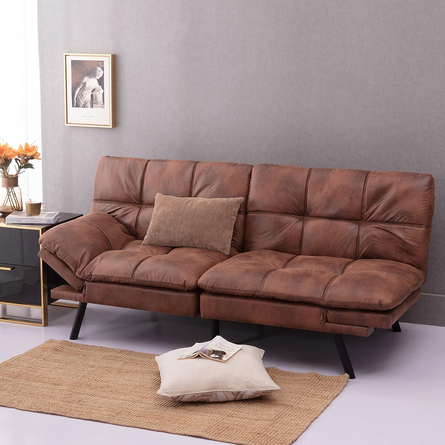 Modern Futon Sofa Bed, Convertible Memory Foam Futon Couch Bed, Folding Sleeper Sofa, Loveseat with Adjustable Armrests for Compact Living Spaces/Studio/Apartment/Dorm/Home/Office, Brown