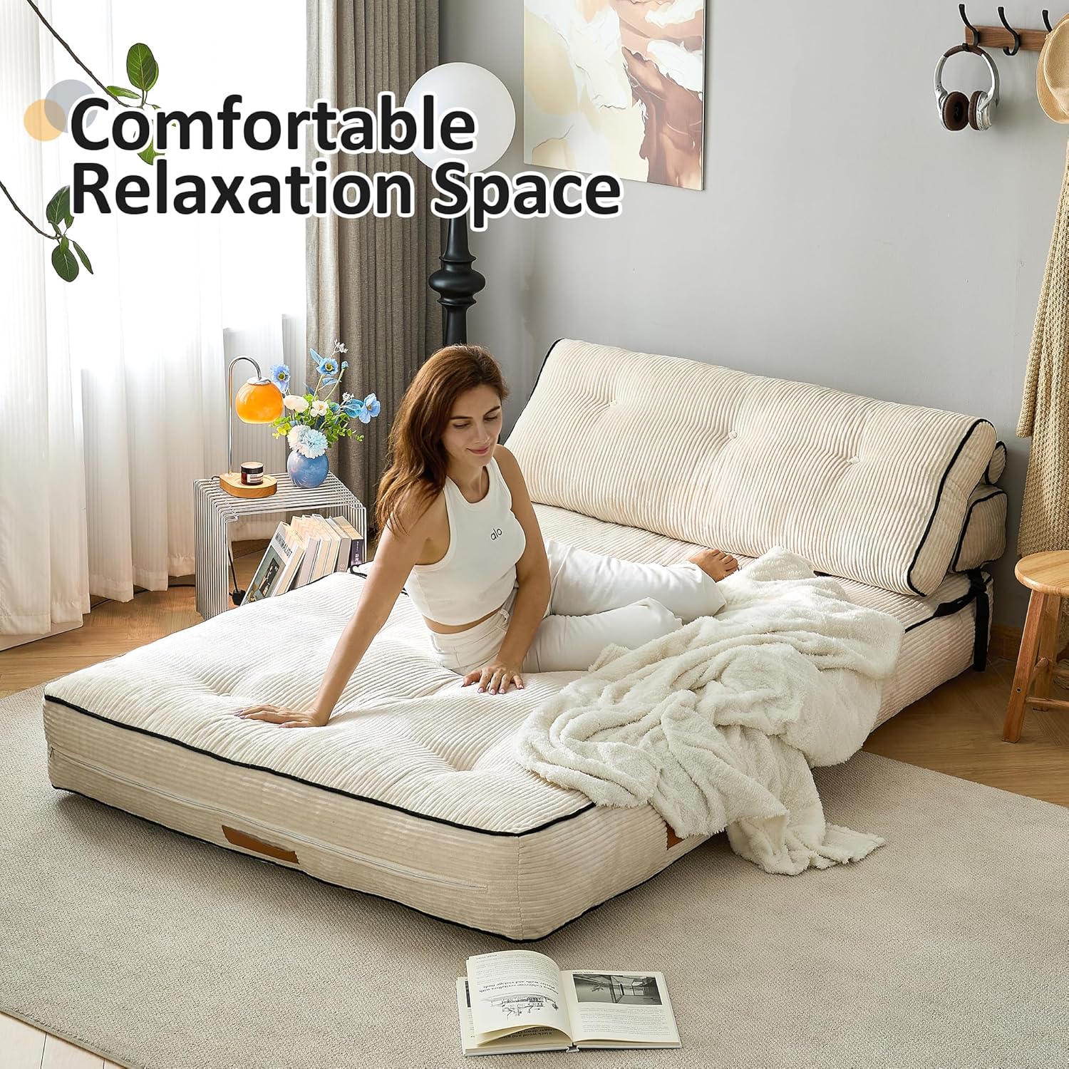 Convertible Sofa Bed,Folding Sleeper Chair with Pillow Foldable Mattress with Back Support,2 in 1 Folding Couch Bed (Dark Grey, Single)(Beige,Loveset)