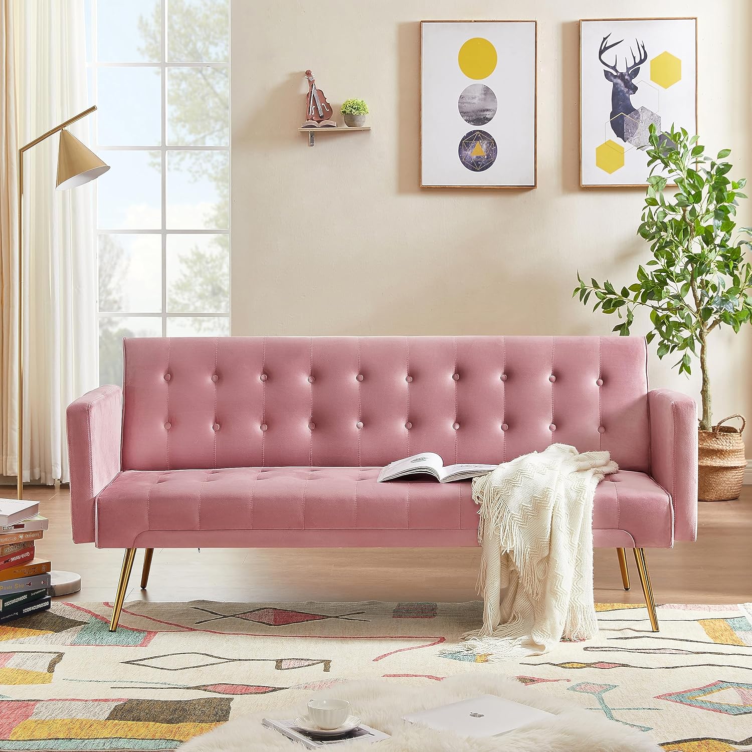 72" Velvet Futon Sofa Bed,Convertible Folding Sleeper Couch Bed,Modern Tufted Recliner Loveseat with Golden Chrome Legs for Small Living Spaces,Bedroom Dorms Office (Pink)