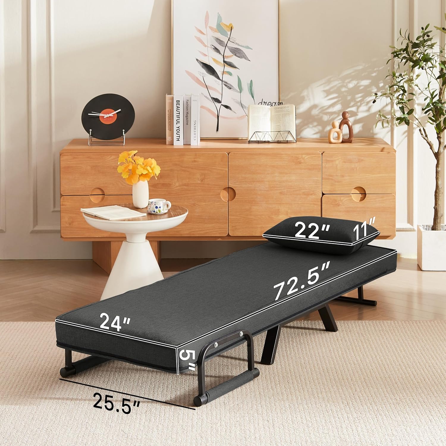 ZeHuoGe Folding Chair, Convertible Sleeper Sofa, 5 in 1 Folding Bed with 5-Position Adjustable Backrest & Pillow, Single Futon Sofa Bed for Small Spaces,Apartment,Office (Grey)(Black)