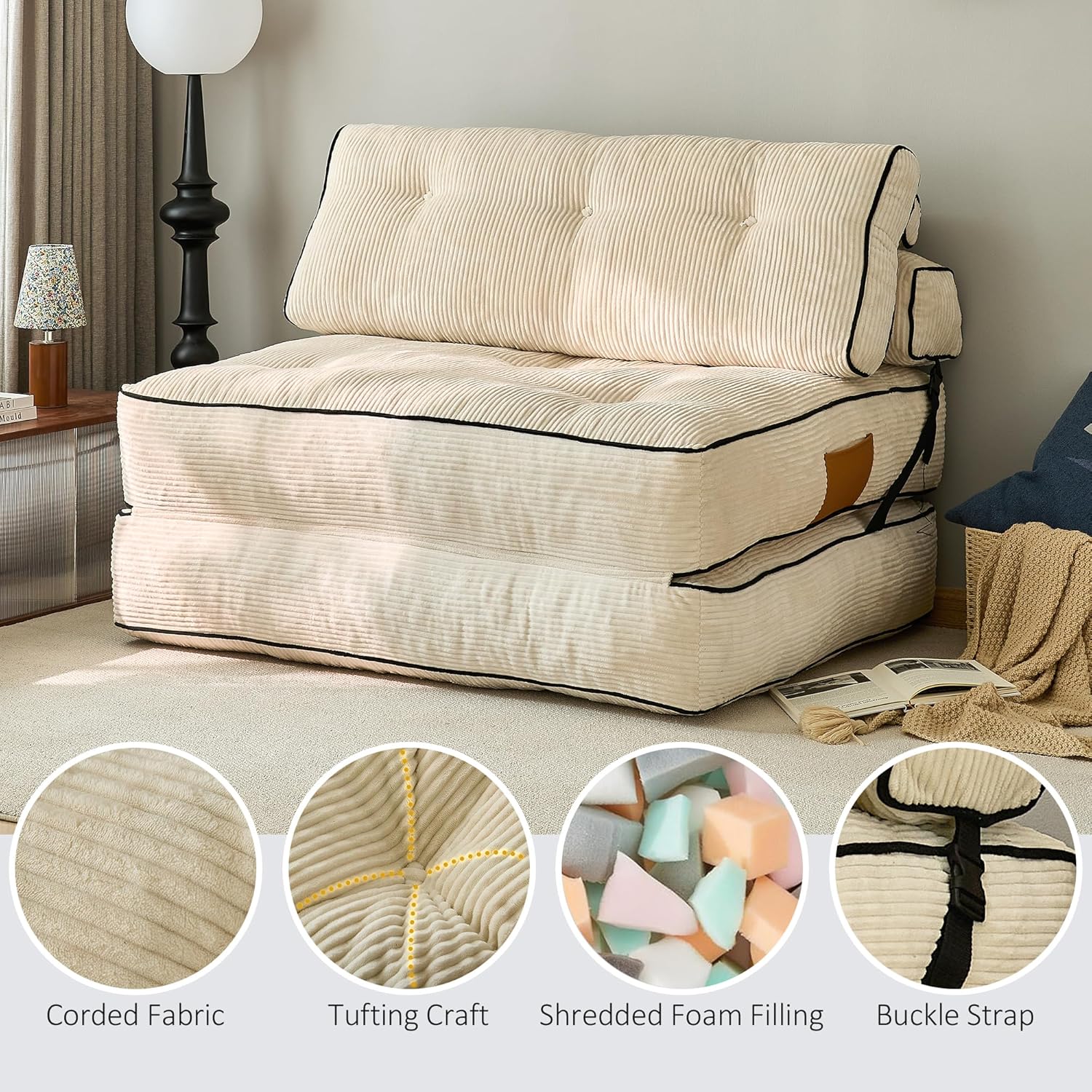 Convertible Sofa Bed,Folding Sleeper Chair with Pillow Foldable Mattress with Back Support,2 in 1 Folding Couch Bed (Dark Grey, Single)(Beige,Loveset)