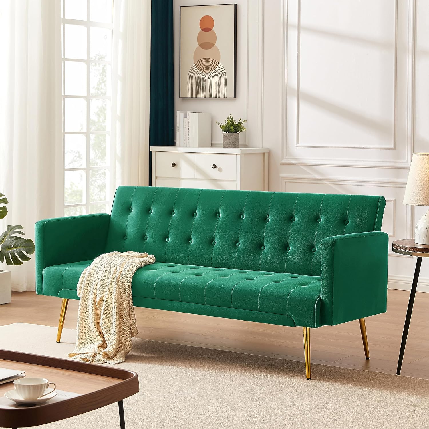 72" Velvet Futon Sofa Bed,Convertible Folding Sleeper Couch Bed,Modern Tufted Recliner Loveseat with Golden Chrome Legs for Small Living Spaces,Bedroom Dorms Office (Green)