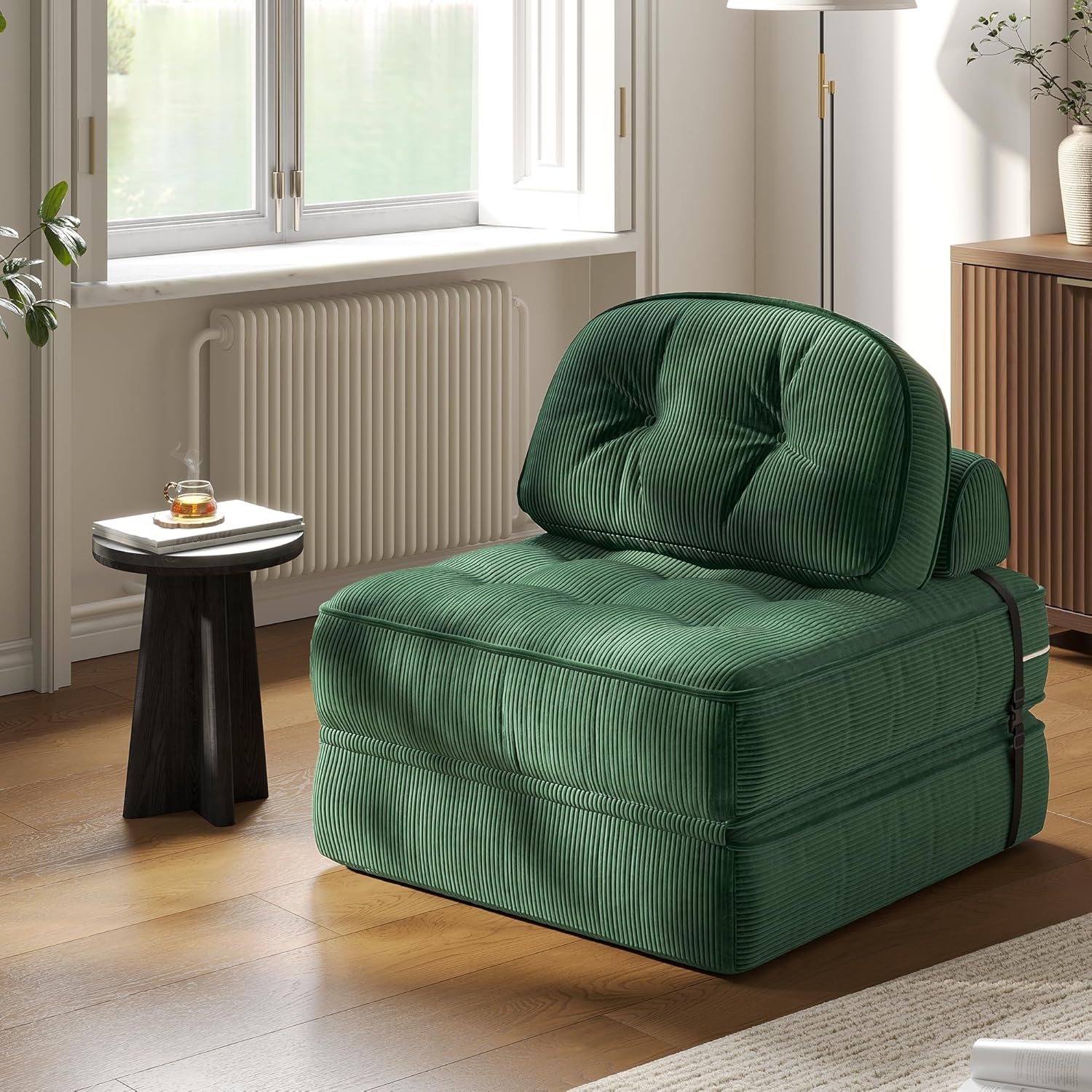 Dowinx Convertible Folding Sofa Bed: A Comfortable Ribbed Velvet Sleeper for Adults. This Modern Single Couch is Ideal for Apartments, Living Rooms & Bedrooms, Featuring Elastic Bands，Forest Green