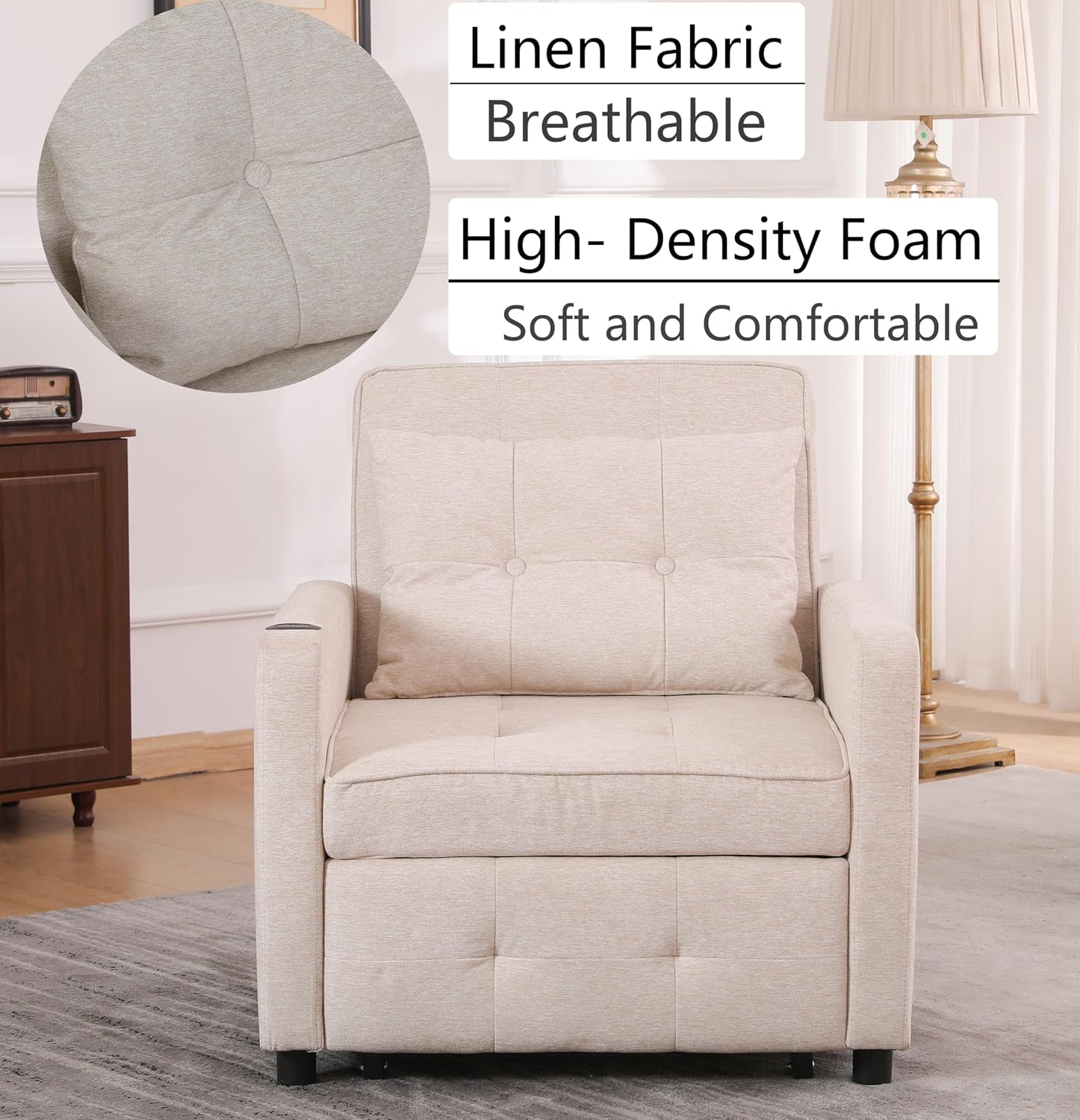 3 in 1 Pull Out Linen Single Sofa Bed with Adjustable Backrest and USB Port, Convertible Sleeper Chair with Side Pocket and Cup Holder for Adults, Teens, Bedrooms