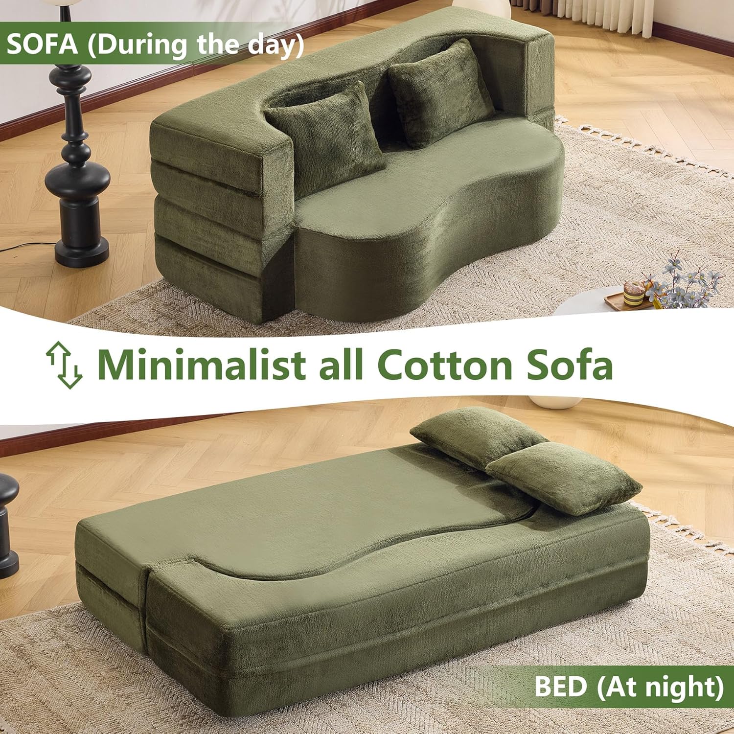 Pink Convertible Folding Sofa Bed, 71" Convertable Foldable Floor Sofa Bed & Boneless Loveseat Couch with High-Density Foam for Living Room Bedroom, No Assembly Required (Pink)(Green)