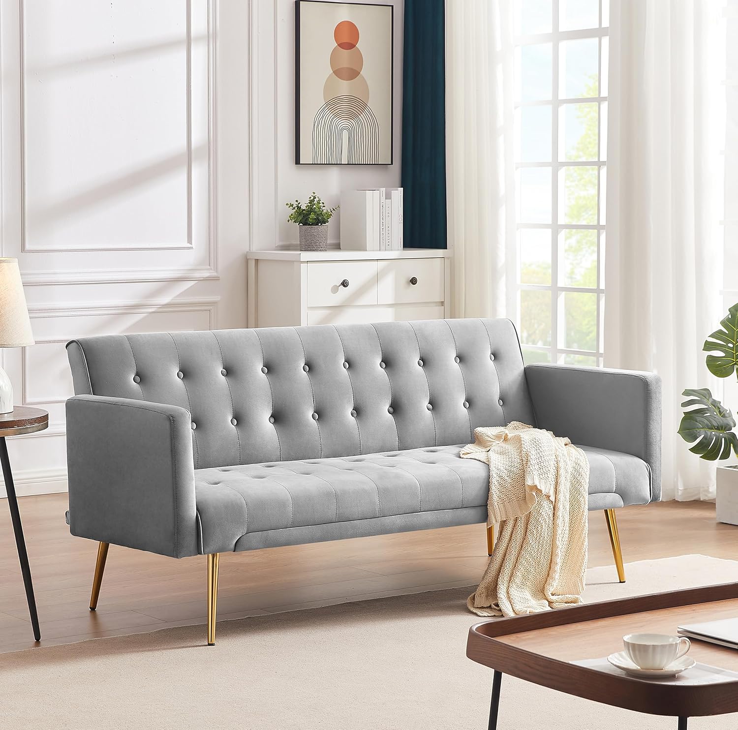 72" Velvet Futon Sofa Bed,Convertible Folding Sleeper Couch Bed,Modern Tufted Recliner Loveseat with Golden Chrome Legs for Small Living Spaces,Bedroom Dorms Office (Grey)