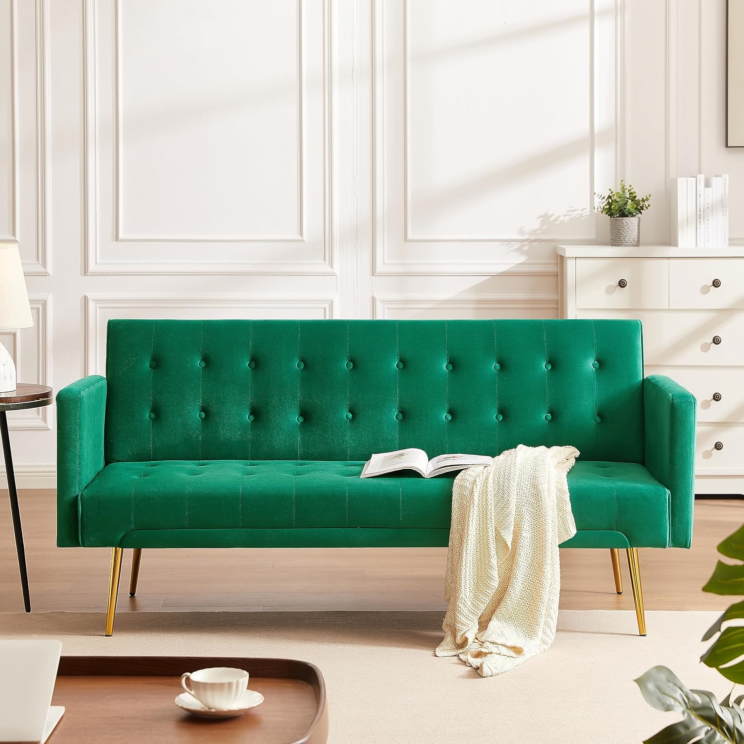 72" Velvet Futon Sofa Bed,Convertible Folding Sleeper Couch Bed,Modern Tufted Recliner Loveseat with Golden Chrome Legs for Small Living Spaces,Bedroom Dorms Office (Green)