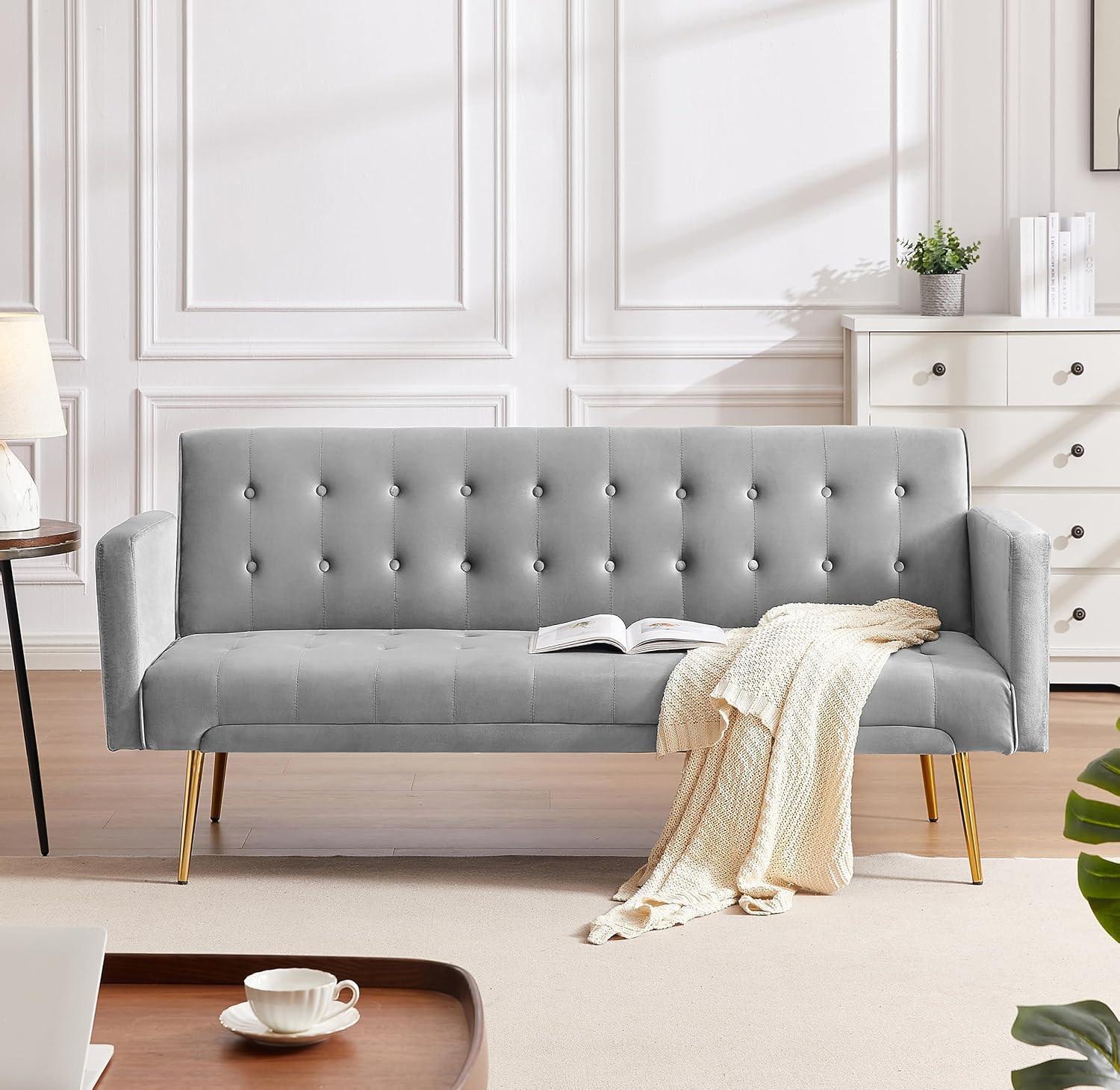 72" Velvet Futon Sofa Bed,Convertible Folding Sleeper Couch Bed,Modern Tufted Recliner Loveseat with Golden Chrome Legs for Small Living Spaces,Bedroom Dorms Office (Grey)