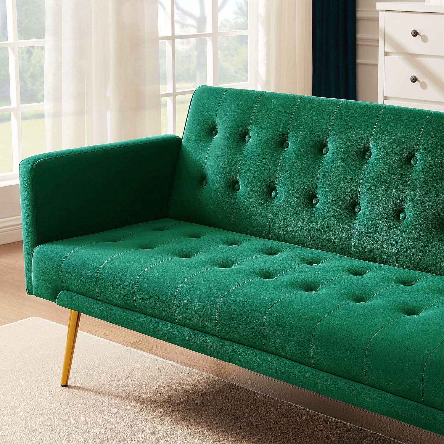 72" Velvet Futon Sofa Bed,Convertible Folding Sleeper Couch Bed,Modern Tufted Recliner Loveseat with Golden Chrome Legs for Small Living Spaces,Bedroom Dorms Office (Green)