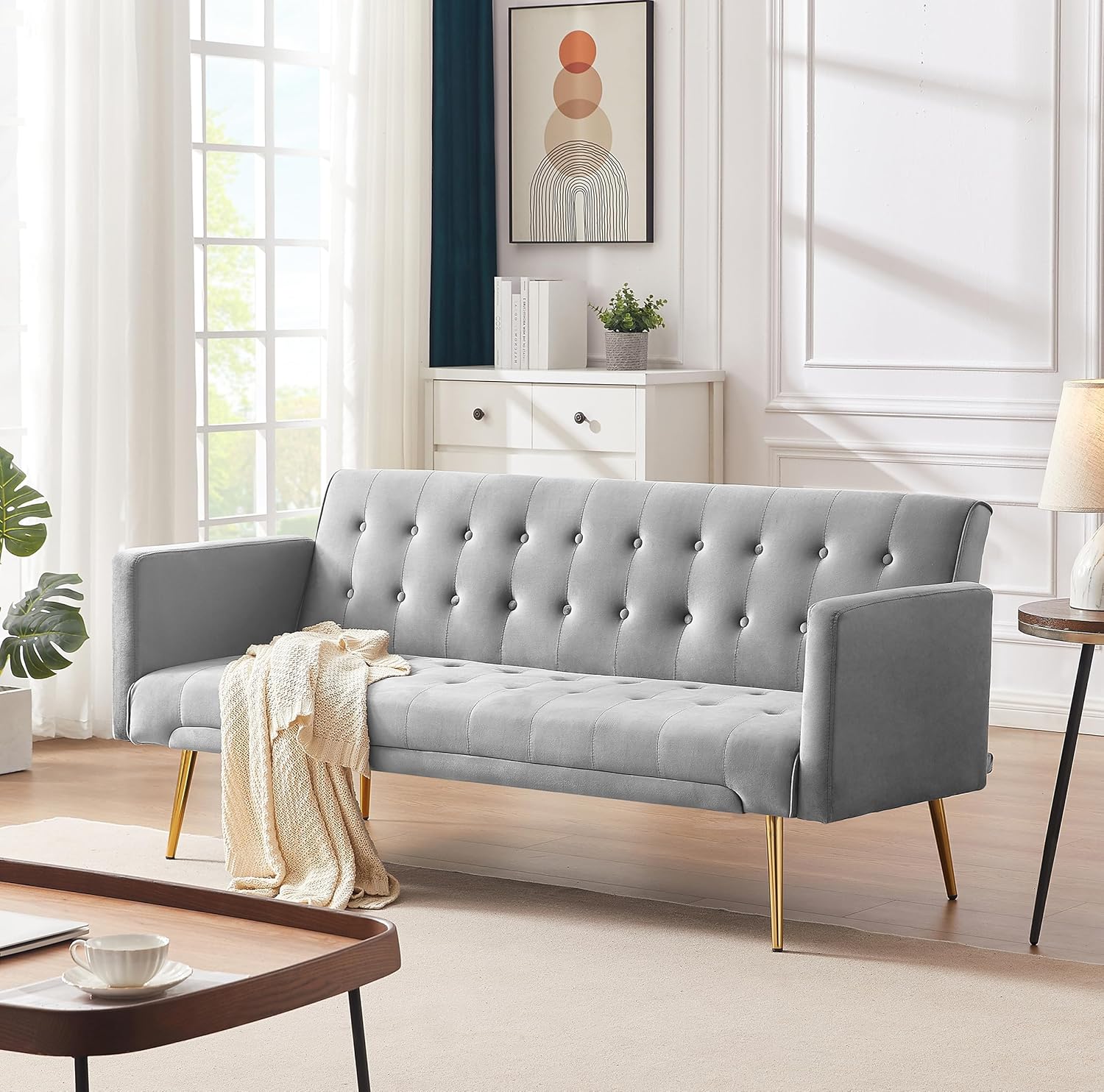 72" Velvet Futon Sofa Bed,Convertible Folding Sleeper Couch Bed,Modern Tufted Recliner Loveseat with Golden Chrome Legs for Small Living Spaces,Bedroom Dorms Office (Grey)