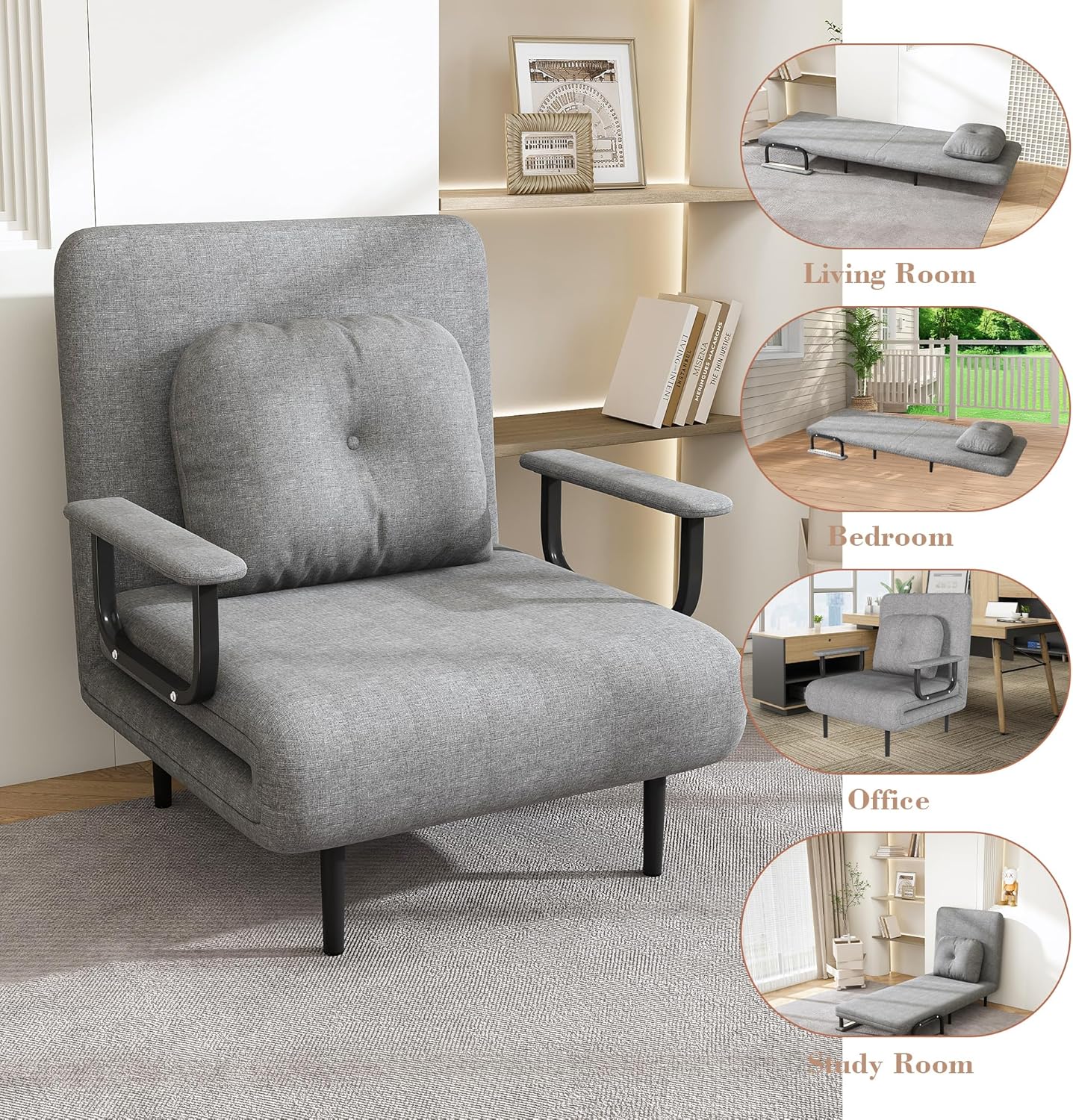 ZeHuoGe Folding Sofa Bed 3-in-1 Convertible Chair - 5-Position Adjustable Backrest with Pillow, Space-Saving SleeperBed for Living Room & Office (Grey)(Grey)