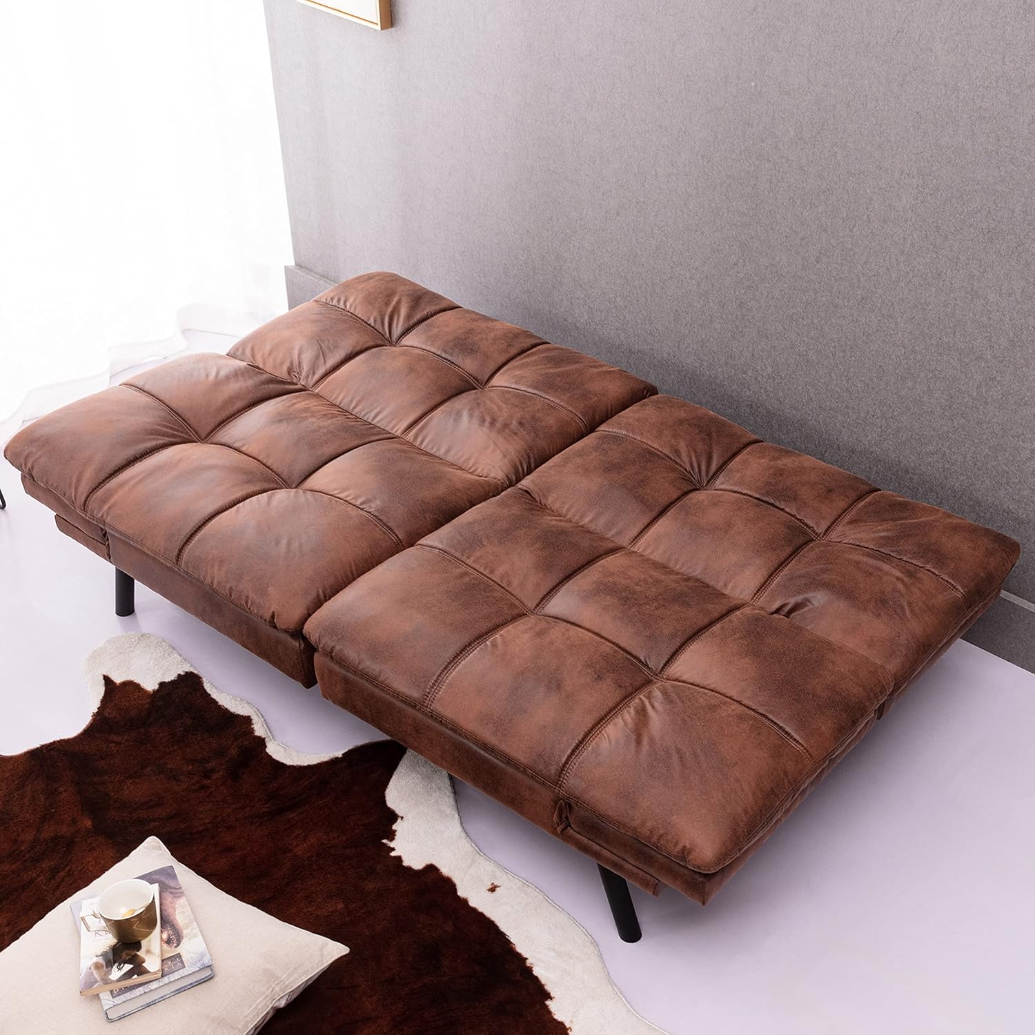 Modern Futon Sofa Bed, Convertible Memory Foam Futon Couch Bed, Folding Sleeper Sofa, Loveseat with Adjustable Armrests for Compact Living Spaces/Studio/Apartment/Dorm/Home/Office, Brown