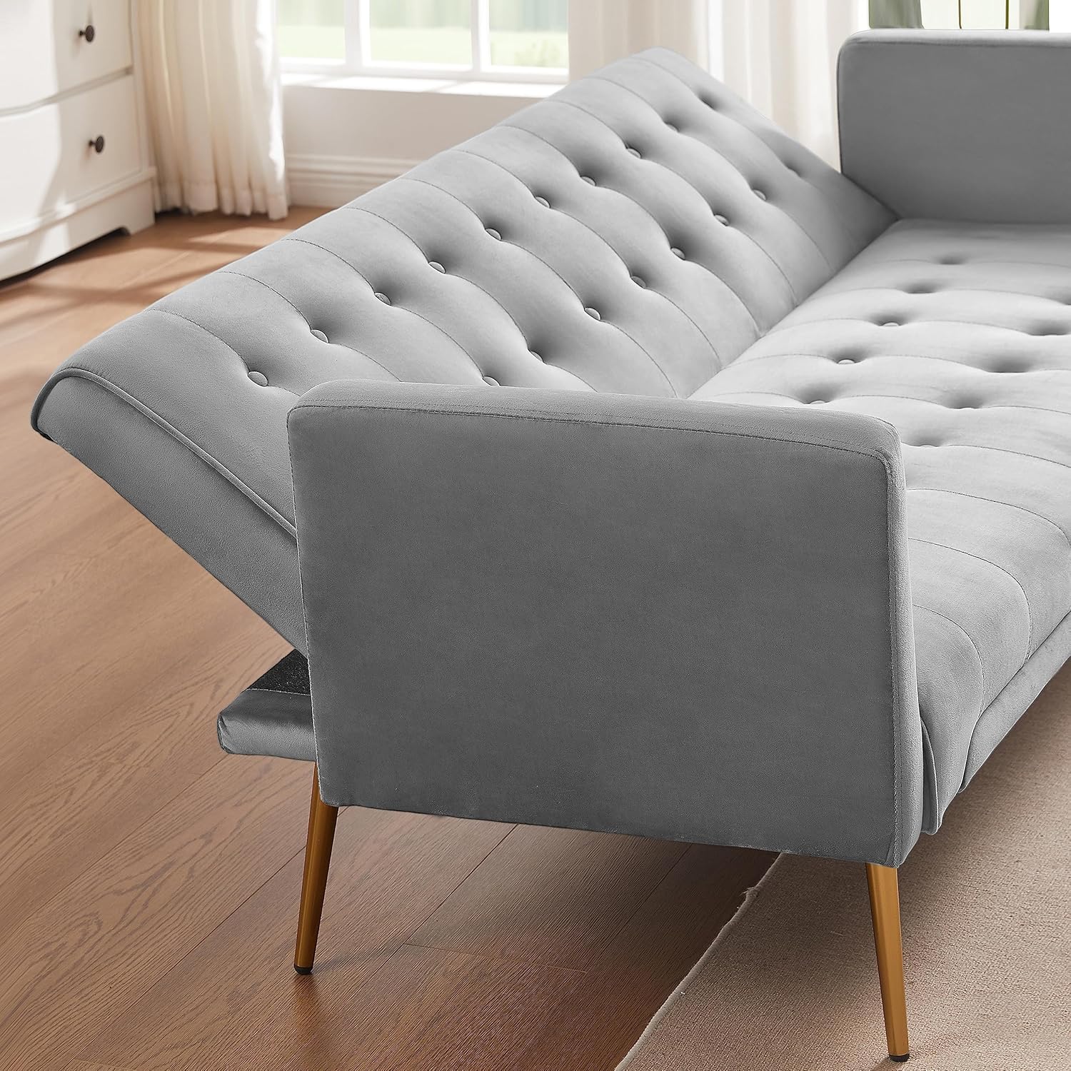 72" Velvet Futon Sofa Bed,Convertible Folding Sleeper Couch Bed,Modern Tufted Recliner Loveseat with Golden Chrome Legs for Small Living Spaces,Bedroom Dorms Office (Grey)