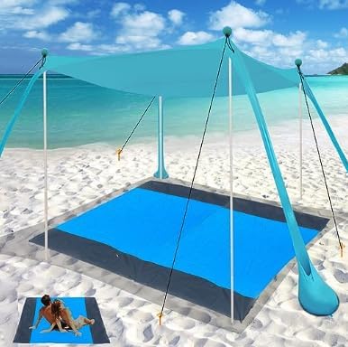 Beach Canopy Beach Tent Pop Up Shade 11X11 FT Portable Sun Shelter Extra Beach Blanket Stable Sun Protection with Carry Bag Easy Set Up for Family Outdoor Camping Fishing Backyard Picnics