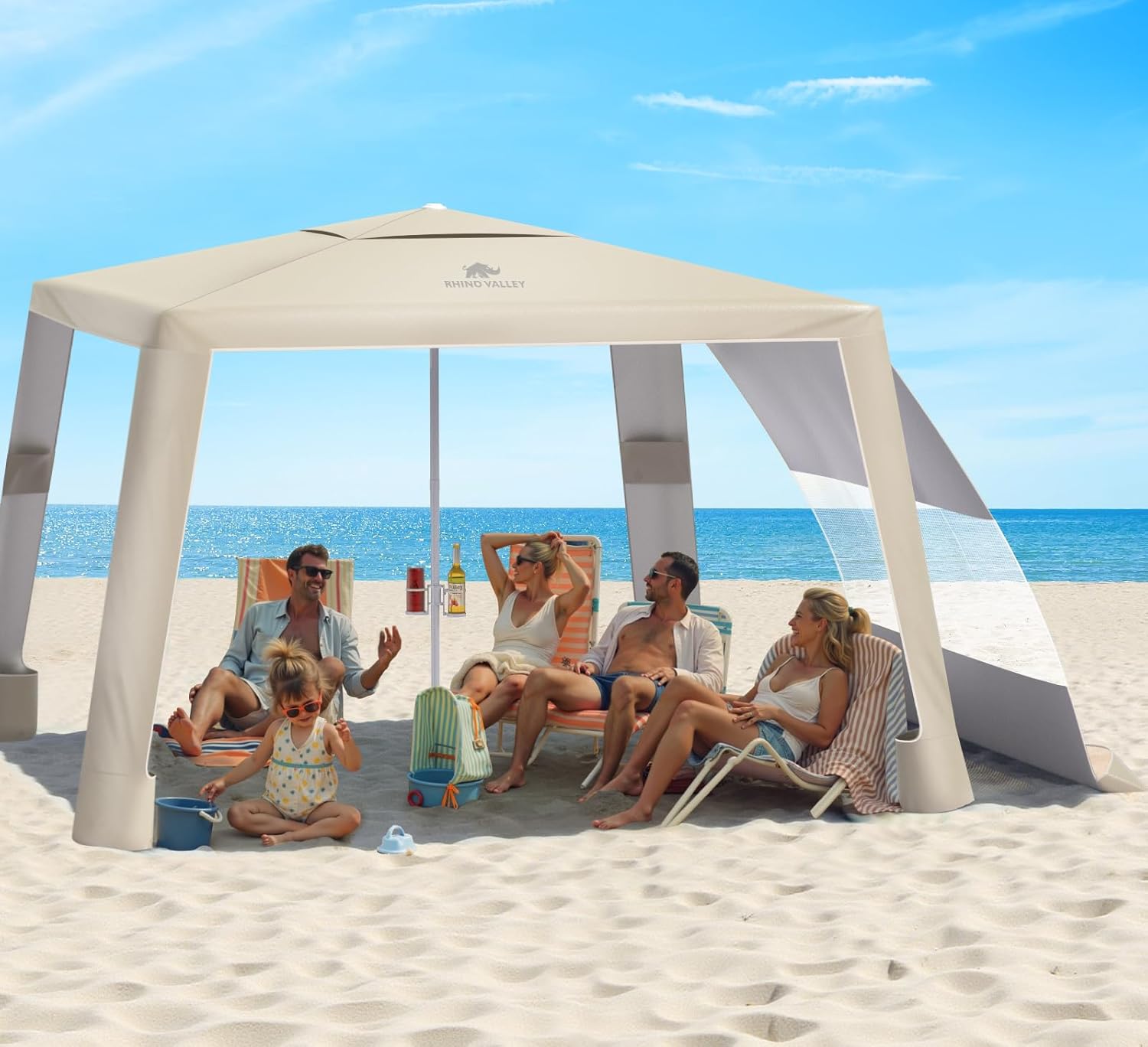 Rhino Valley Beach Cabana with Cup Holder, 8*8FT Foldable Beach Tent UPF50+ Protection, Windproof Stable Beach Canopy Easy Setup, Portable Beach Cabana Tent for Beach Camping with Family Friend, Khaki