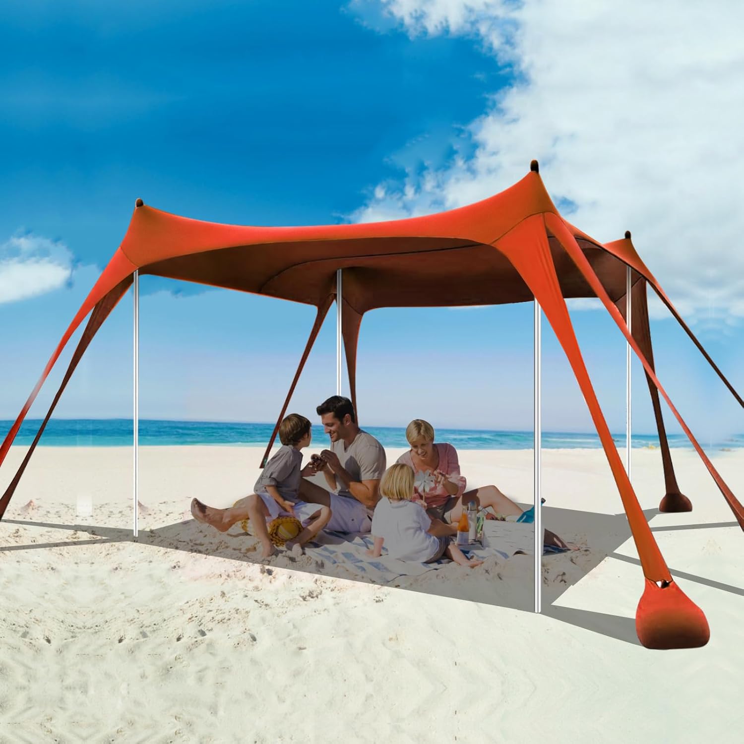 Beach Tent Sun Shelter, 10 x 10 FT Beach Canopy Tent Sun Shade Heavy Duty, UPF50+ Beach Tent Canopy with 8 Sandbags & 4 Stability Poles, Outdoor Beach Shade Canopy for Camping and Fishing, Orange