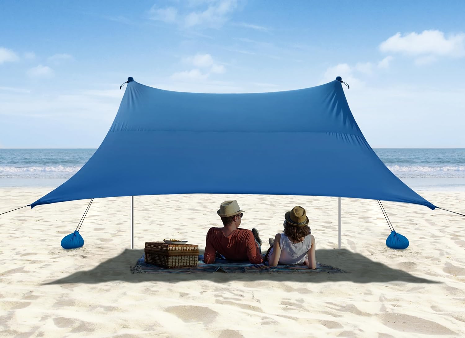 Beach Tent, Camping Sun Shelter 10 x 10ft, with 4 Sandbags, UPF50+, Includes Sand Shovel, Ground Pegs & Stability Poles, Pop Up Beach Canopy Sunshade for Fishing, Backyard Fun or Picnics (Navy Blue)
