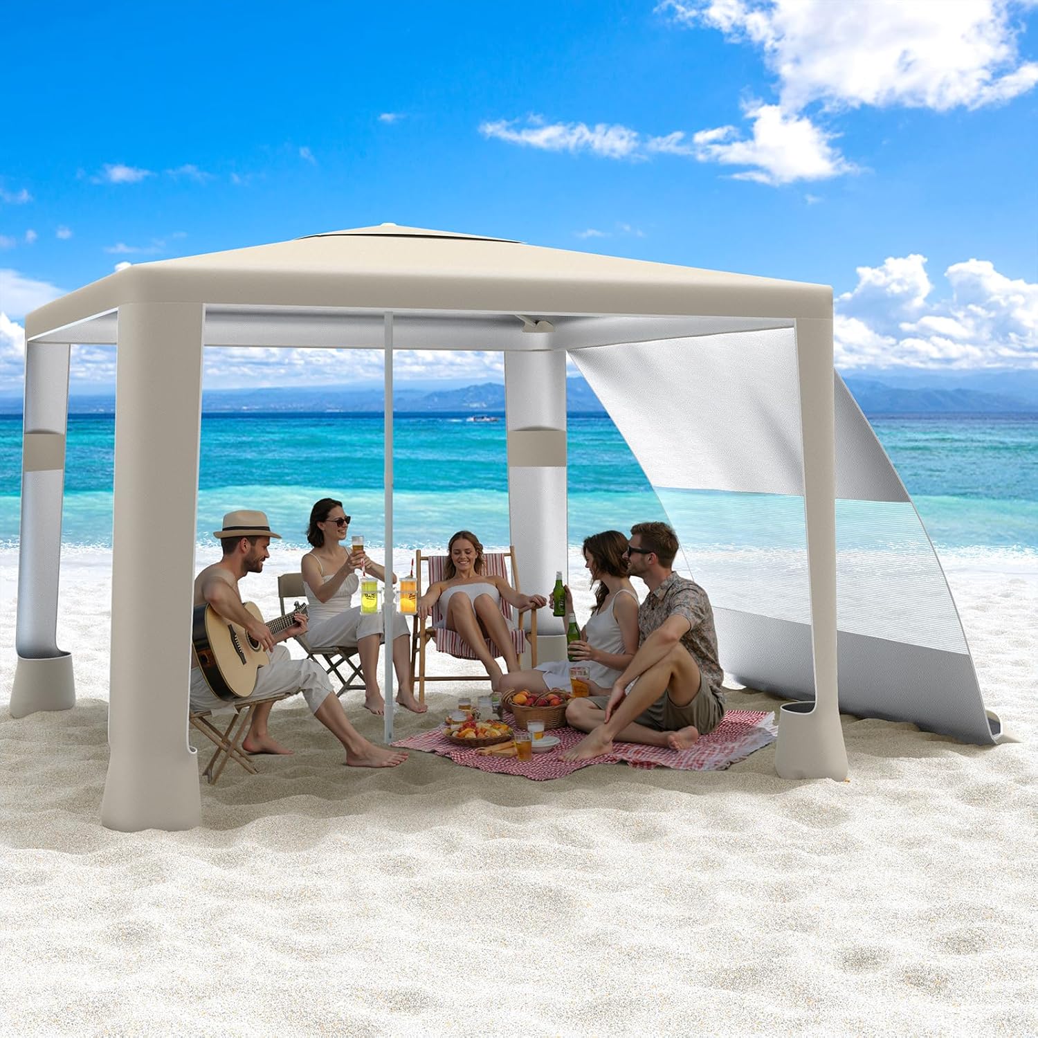MoKo Beach Cabana, 8'×8' Large Beach Canopy with Side Wall, UPF 50+ Protection Easy Setup Beach Tent Sun Shelter, Adjustable Height Wind Resistant Cabana Beach Tent for Whole Family, Khaki