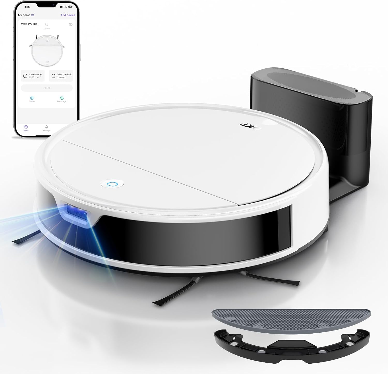 OKP K5 Robot Vacuum Cleaner, No Tangled Hair, Super Thin, 2500pa Suction, Cleaning Schedules, Self-Charging, Robotic Vacuums with Wi-Fi/App/Alexa Control, Ideal for Pet Hair Carpets Hard Floors