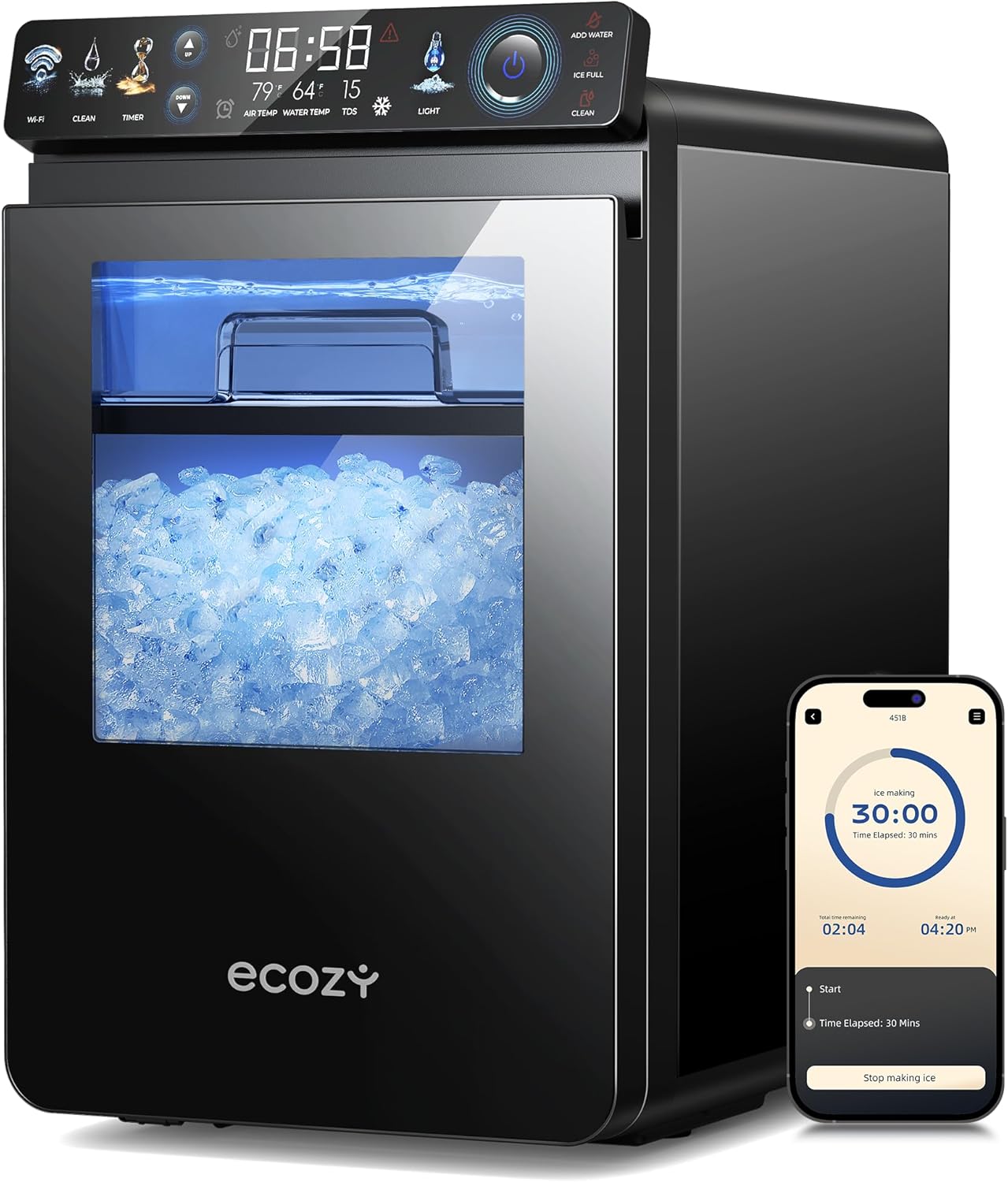 ecozy Ice Cube Maker Countertop, 45 lbs Per Day Ice Machine, 24 Cubes Ready in 13 Mins, Self-Cleaning Function, Perfect for Home Kitchen Bar Party Office, Stainless Steel