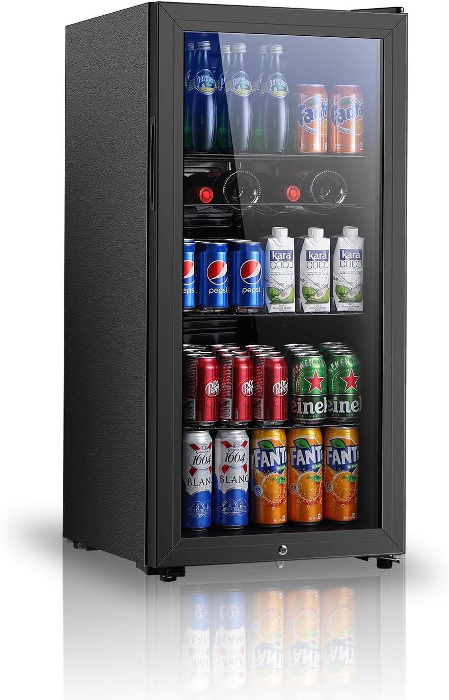 Beverage Refrigerator, 3.2 Cu.ft Mini Fridge with Double Glass Door, Cooler for Soda, Beer or Wine for Home, Office or Bar with Adjustable Removable Shelves (Black)