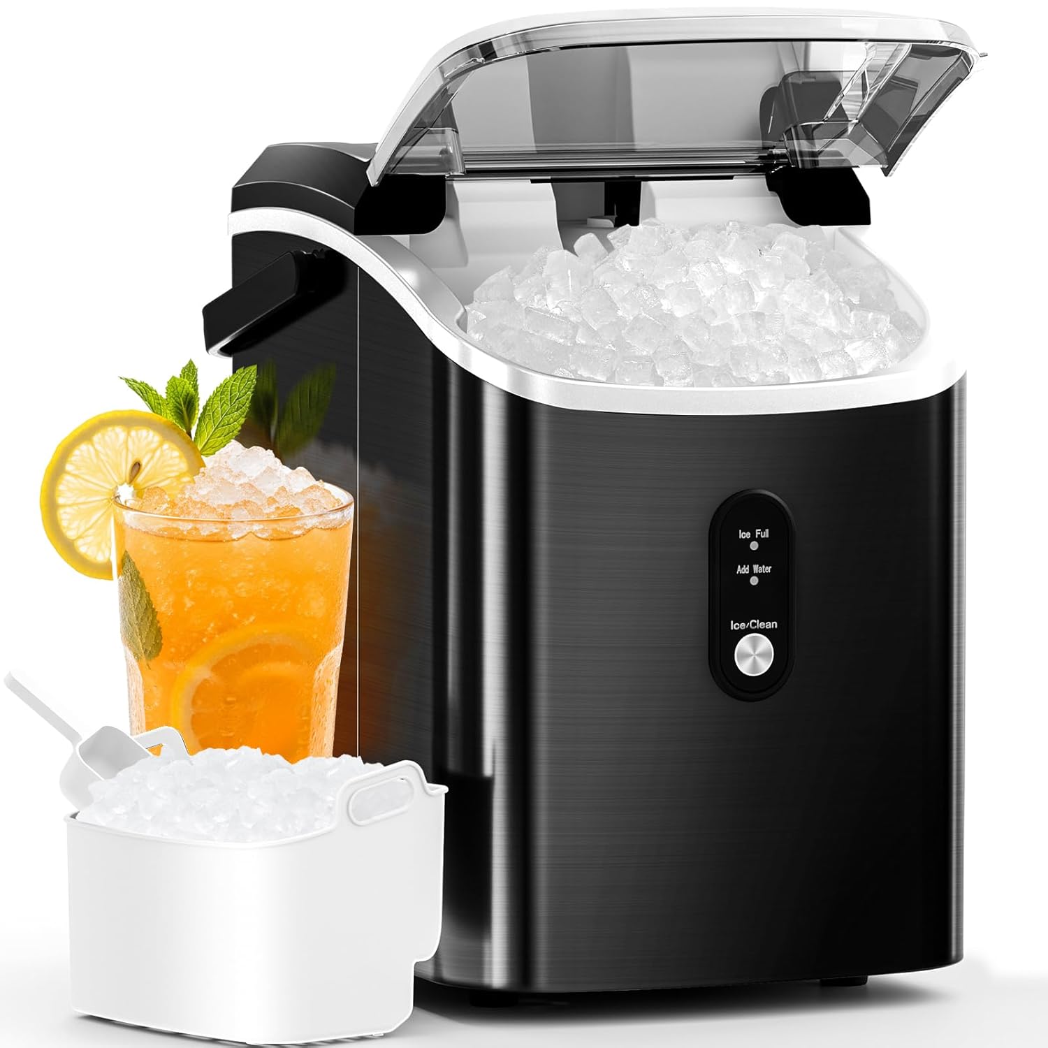 Antarctic Star Nugget Ice Maker Countertop with Soft Chewable Ice, Portable Sonic Ice Maker with Basket and Scoop, Removable Top Cover, Auto-Cleaning for Home/Party/RV/Camping (Stainless Steel Silver)