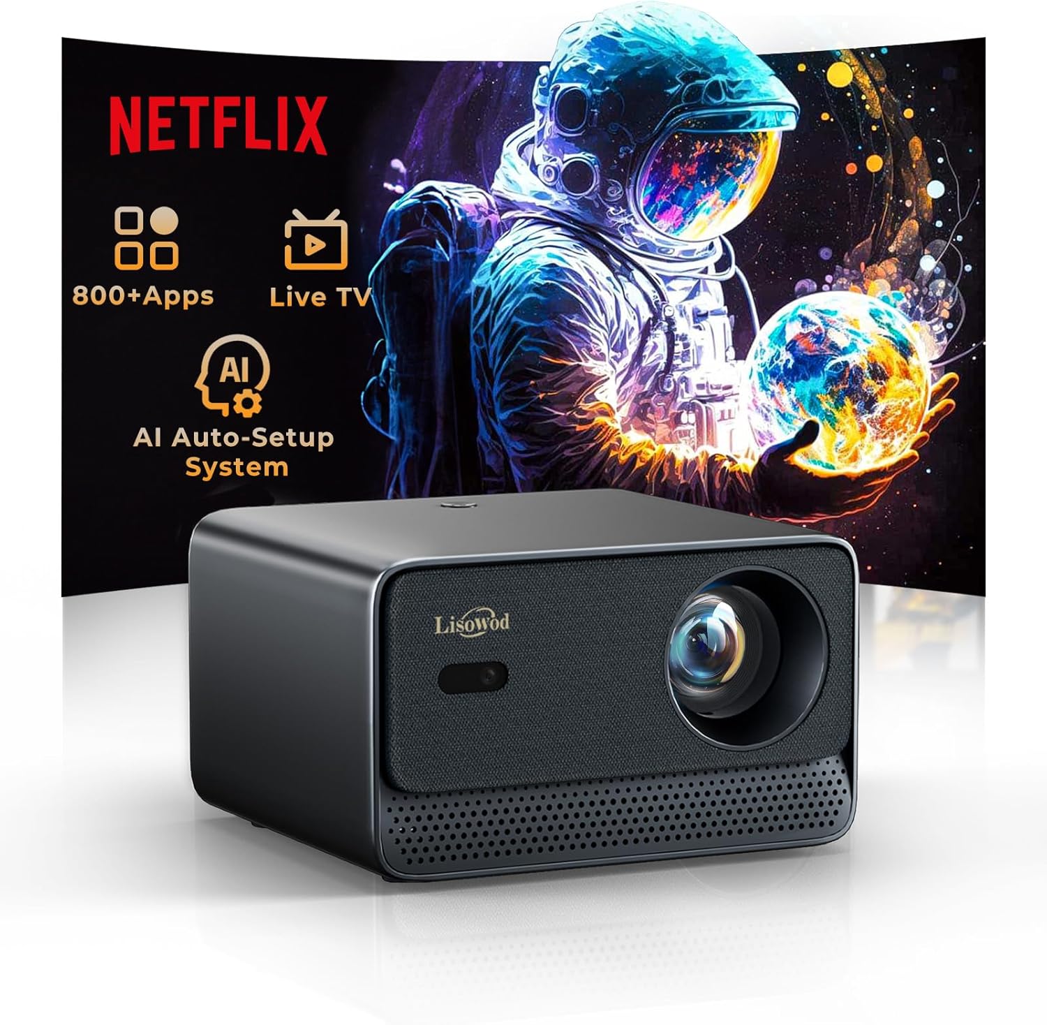 Projector with WiFi and Bluetooth: [1400 ANSI /Ai Auto Focus/ 800+ Native Apps /Auto 4P Keystone /for Netflix] Outdoor-Projector, 1080P Smart-Portable-Mini-Movie-Projector, Lisowod L03Pro with Live TV