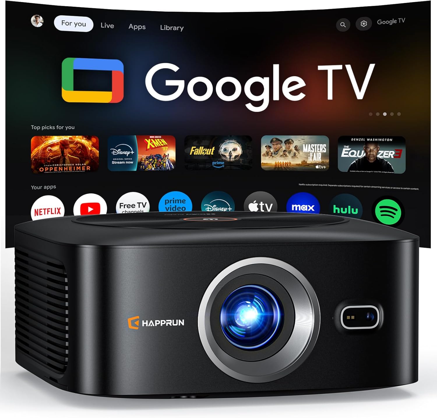 Official Licensed Google TV Smart Projector, HAPPRUN 4K Full HD Home Theater with Auto Focus, Dolby Sound, Wi-Fi Bluetooth, Built-in Apps, Compatible with Games Consoles & Phone, Indoor & Outdoor Use