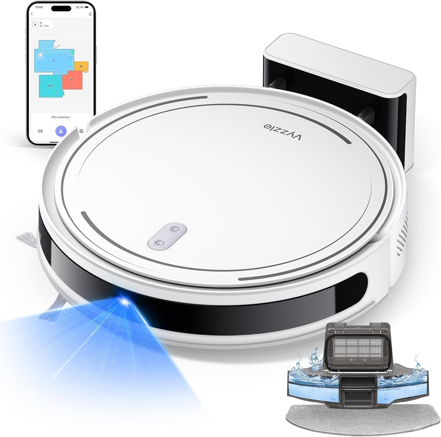 Vyzzle Robot Vacuum and Mop Combo, 5000Pa Robotic Vacuum Cleaner, Smart Navigation, 150mins Max, Ultra Slim Robot Vacuum Self-Charging, Wi-Fi/App/Alexa Control, Ideal for Pet Hair, Hard Floor, Carpet