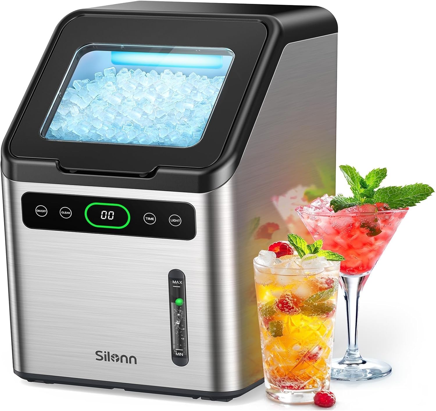 Silonn Nugget Ice Maker Countertop, Pebble Ice Maker with Soft Chewable Ice, One-Click Operation Ice Machine with Self-Cleaning, 33lbs/24H, Stainless Steel