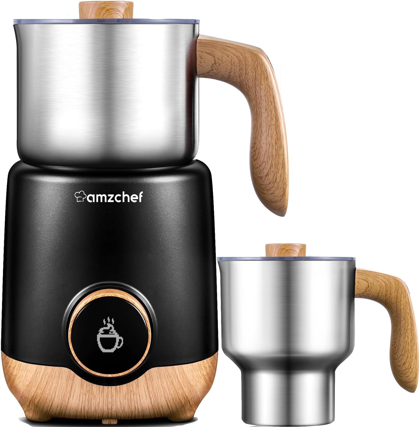 AMZCHEF 8-IN-1 Milk Frother and Steamer 550 Watts, 21 oz Split Stainless Steel Automatic Steamer, Milk's Warmer for Latte, Cappuccino, Hot and Cold Froth, Heated Milk, Hot Chocolate, Baby Food silver