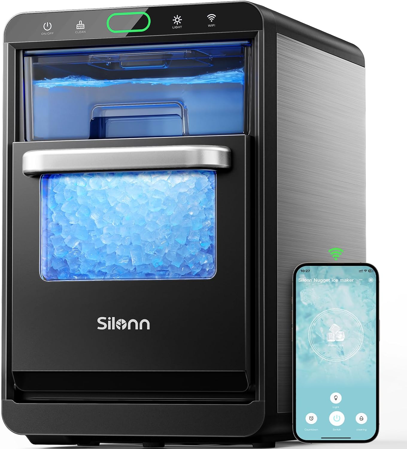 Silonn Nugget Ice Maker Countertop, Crushed Ice Maker & Pebble Ice Machine Produces 44lbs/24h with Front Pull-Out Water Tank & Removable Basket for Home/Kitchen, Stainless Steel