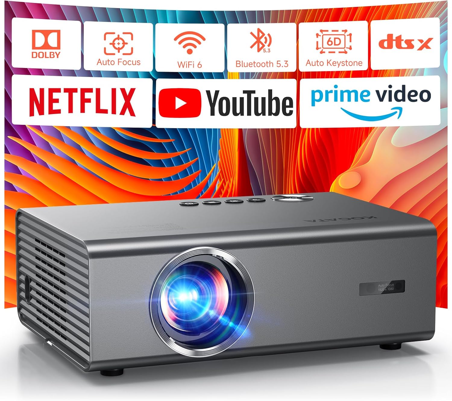 4K Projector with Netflix& Dolby Audio, 1200ANSI Auto Focus&6D Keystone Kogata Smart Projector with Built in Apps Outdoor Movie Proyector with WiFi 6 Bluetooth for Home Theater UPGRADE