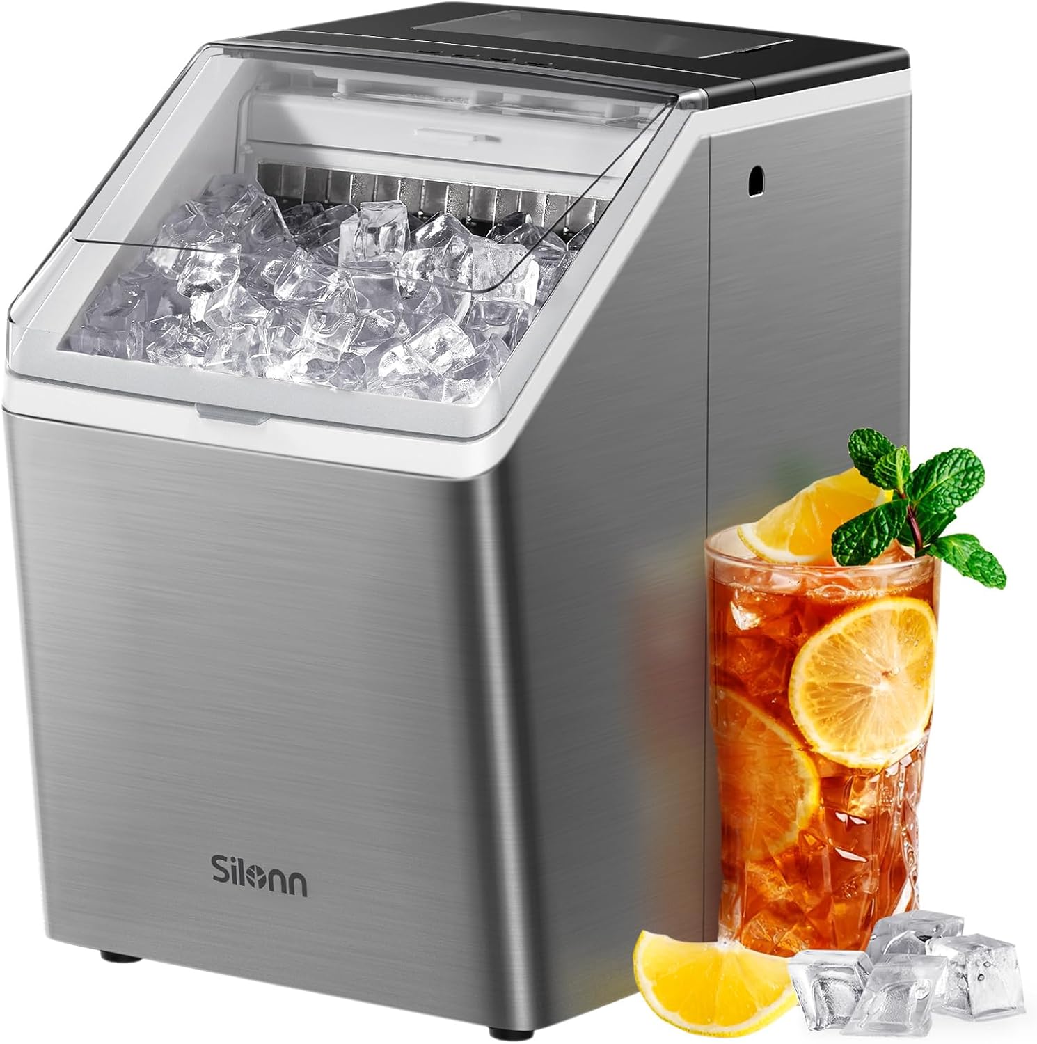 Silonn Ice Makers Countertop, 44lbs Per Day, 2 Ways to Add Water, Auto Self-Cleaning, Stainless Steel Ice Machine for Home Office Bar Party