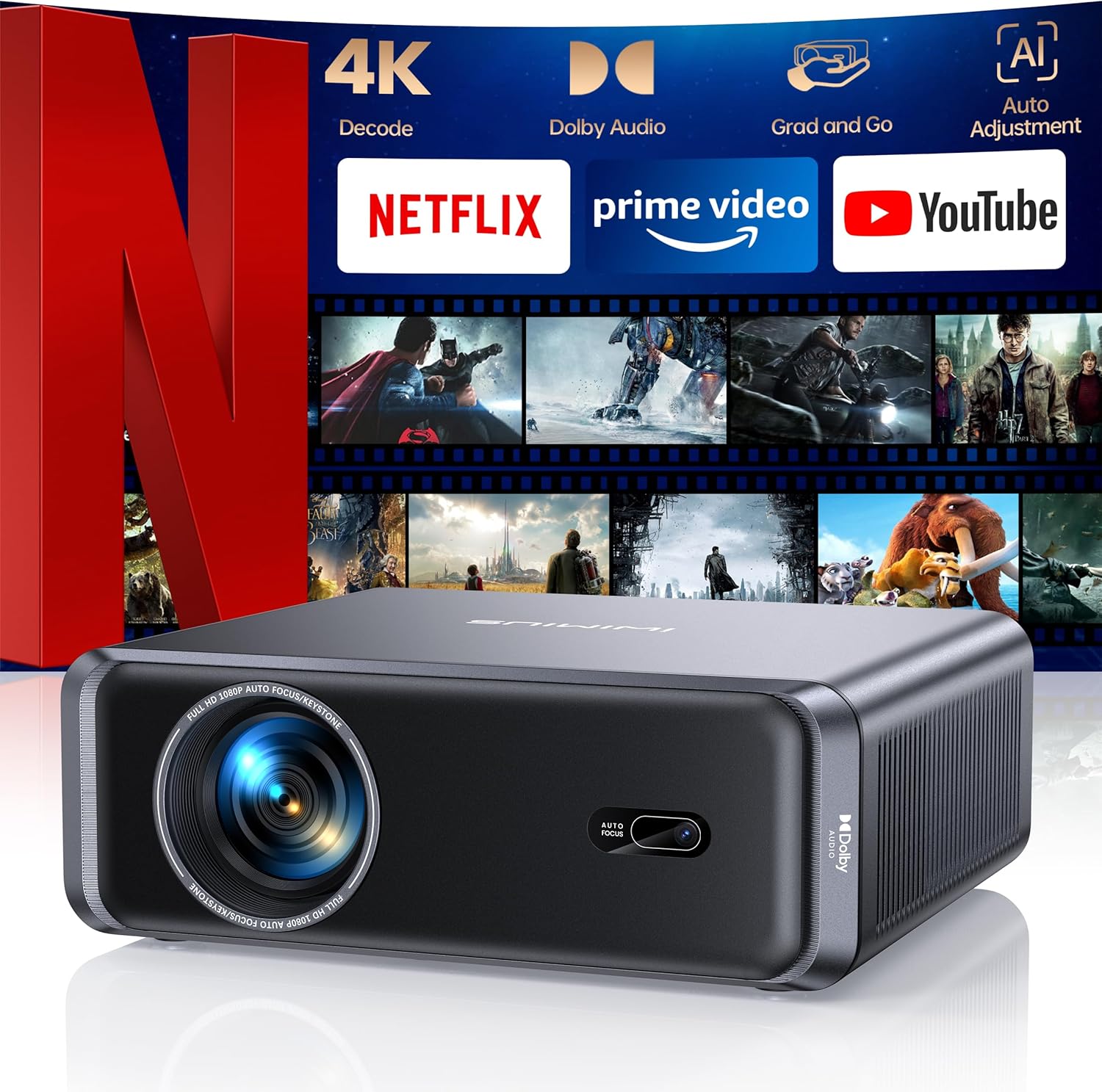 [Netflix-Licensed/4K Supported/Compact Design] Smart Outdoor Projector with WiFi6 and Bluetooth, Movie Projector, DoIby Audio w/ HDMI ARC, Built-in Apps, AI Auto Focus, Portable Home Proyector P65