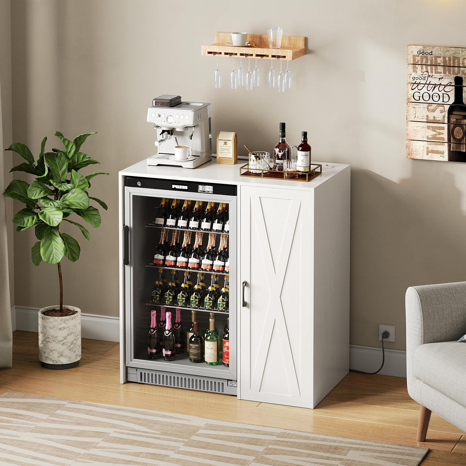 Mini Fridge Cabinet with Storage, Coffee Bar Cabinet with Power Outlet, Fits 24" Wine Fridge, 3-Tier Organizer, Refrigerator Stand for Kitchen, Apartment, or Home Bar Black KH01MRB