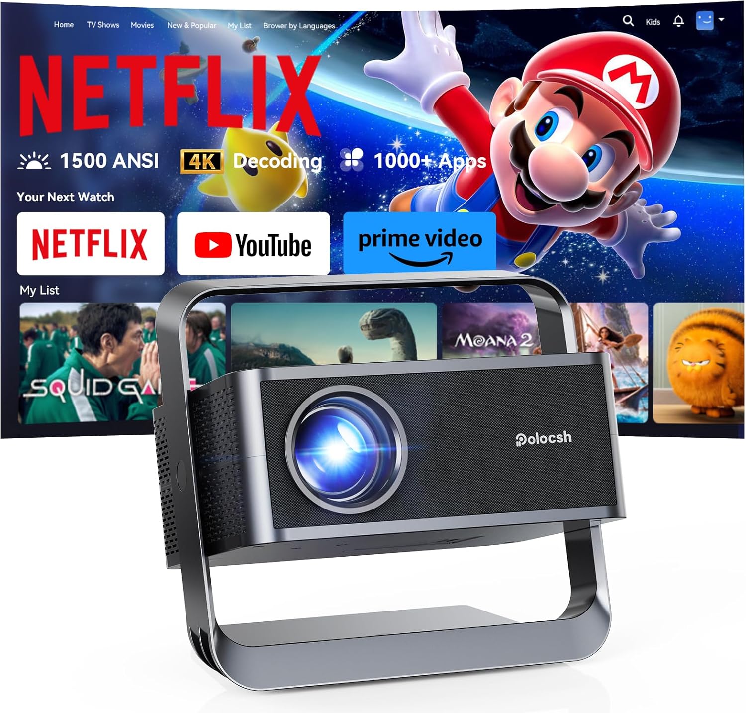 Smart Projector 1080P 4K Support with WIFI 6 and 2-Way Bluetooth 1500ANSI Auto Keystone Electric Focus Mini Projectors Home Theater Movie Outdoor Portable Projector (Black)