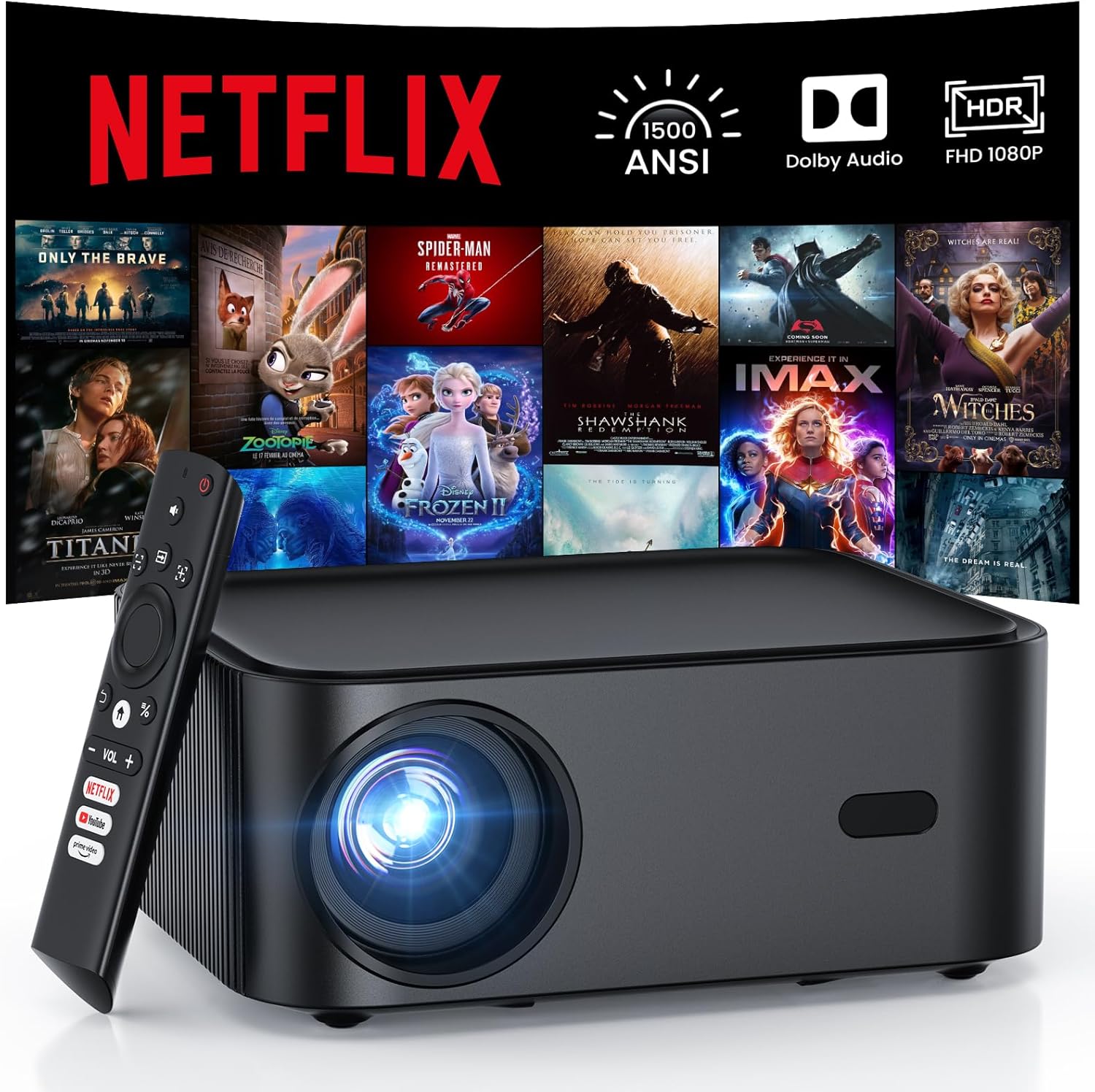 1500ANSI Netflix Officially Licensed Full HD Smart Projector, HAPPRUN 4K Projector with Wifi and Bluetooth,Built-in Apps,Electric Focus,DoIby Audio,300''Display Movie Projector for Home,Outdoor,Indoor