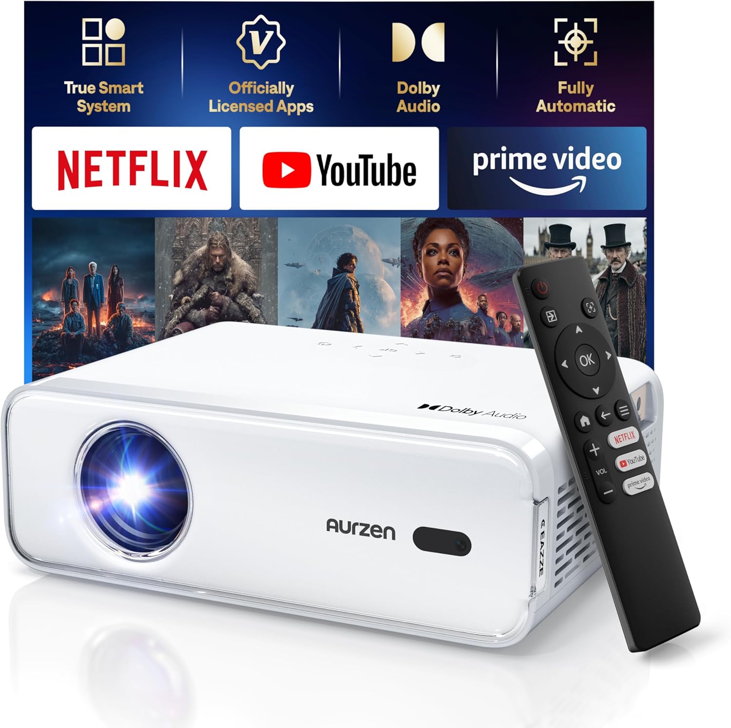 Aurzen EAZZE D1G 4K Supported Google TV Smart Projector with WiFi & Bluetooth, Auto Focus & Keystone, Dolby Audio, Zoom, Movie, Portable Mini Projector for Home & Outdoor Use