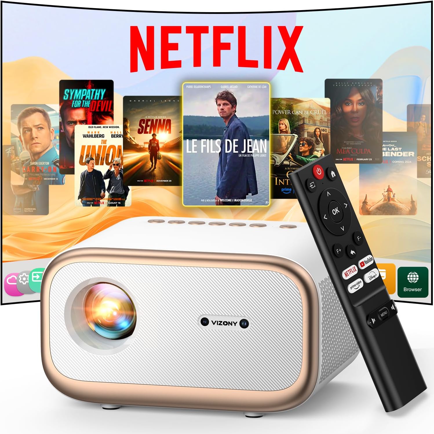 E1 Pro Netflix-Certified Smart Projector, 550 ANSI Lumens, WiFi Bluetooth, Auto Focus & Keystone, Native 1080P & 4K Support, Full-Sealed Optical Engine, Portable Home Theater for Indoor/Outdoor