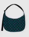 Large Nylon Crescent Bag w/ Key Leash - Navy Green Check