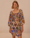 Cream Hearts Ikat Square Neckline Mini Dress