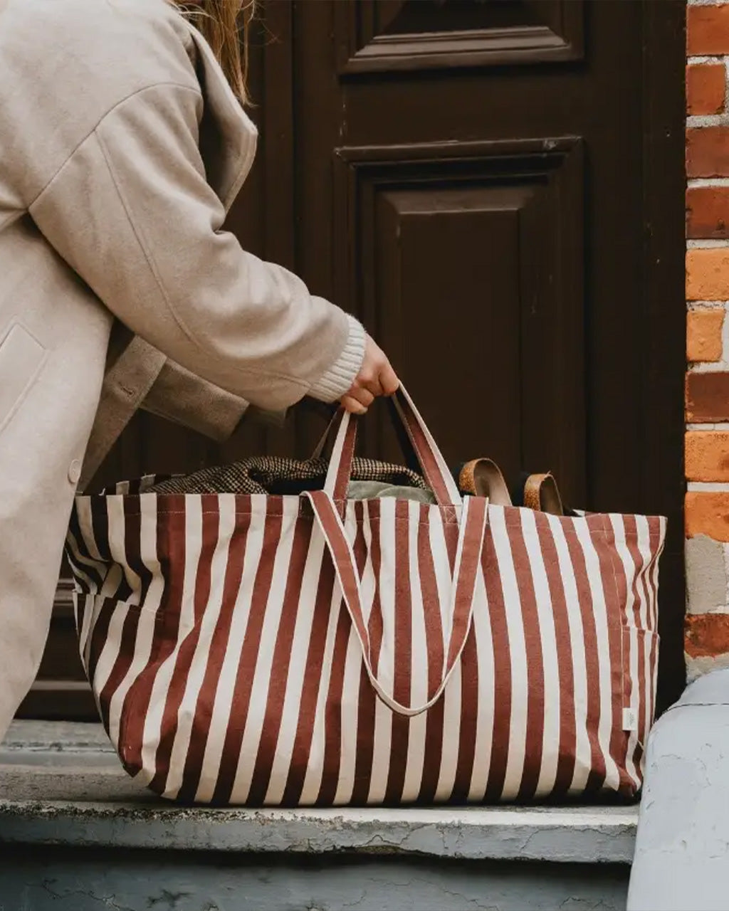 Large Cloth Crate Tote Bag - Striped Orange