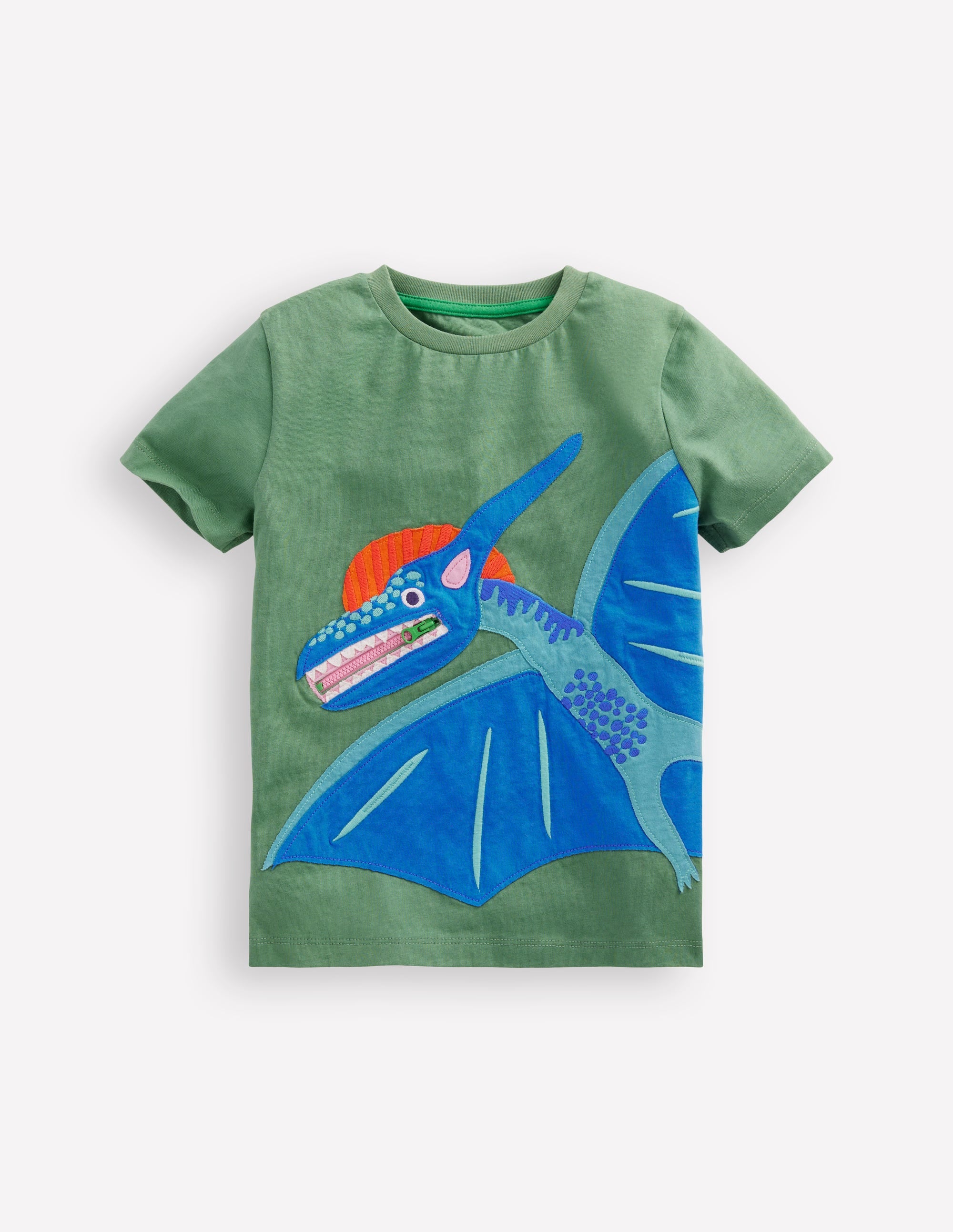 Zip Applique T-shirt-Newt Green Dinosaur