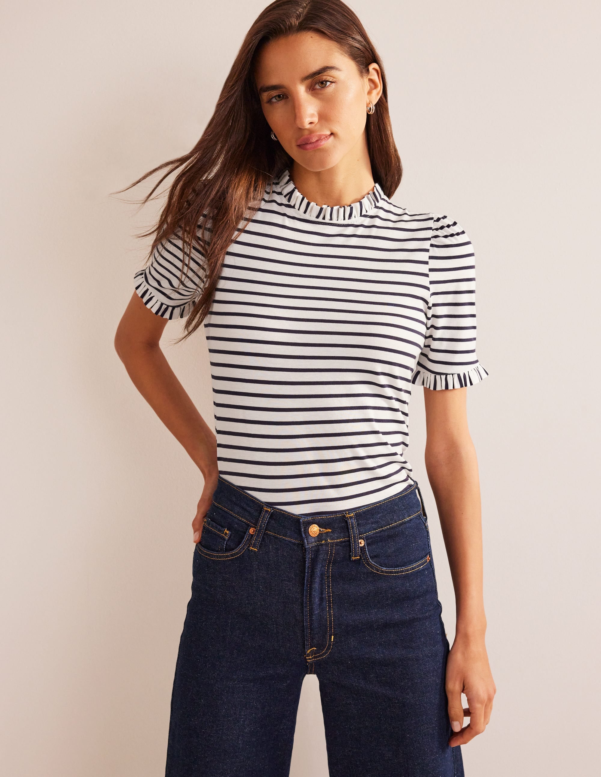 Supersoft Frill Detail T-shirt-Ivory. Navy Stripe